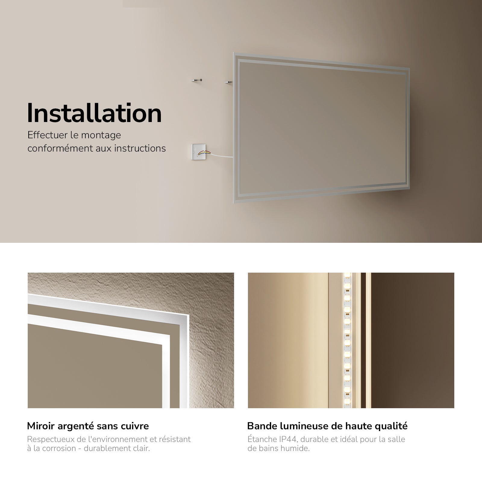 EMKE Specchio con illuminazione integrata 120 × 60 cm, con interruttore a pulsante, funzione antiappannamento e memoria, luce 3000K/6500K - 6