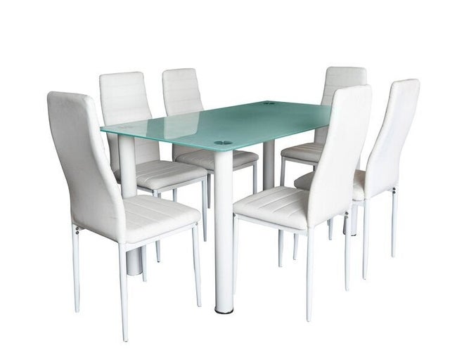 Conjunto Mesa em Vidro Temperado + 6 Cadeiras em Couro Sintético. Sala de Jantar ou Cozinha, Branco