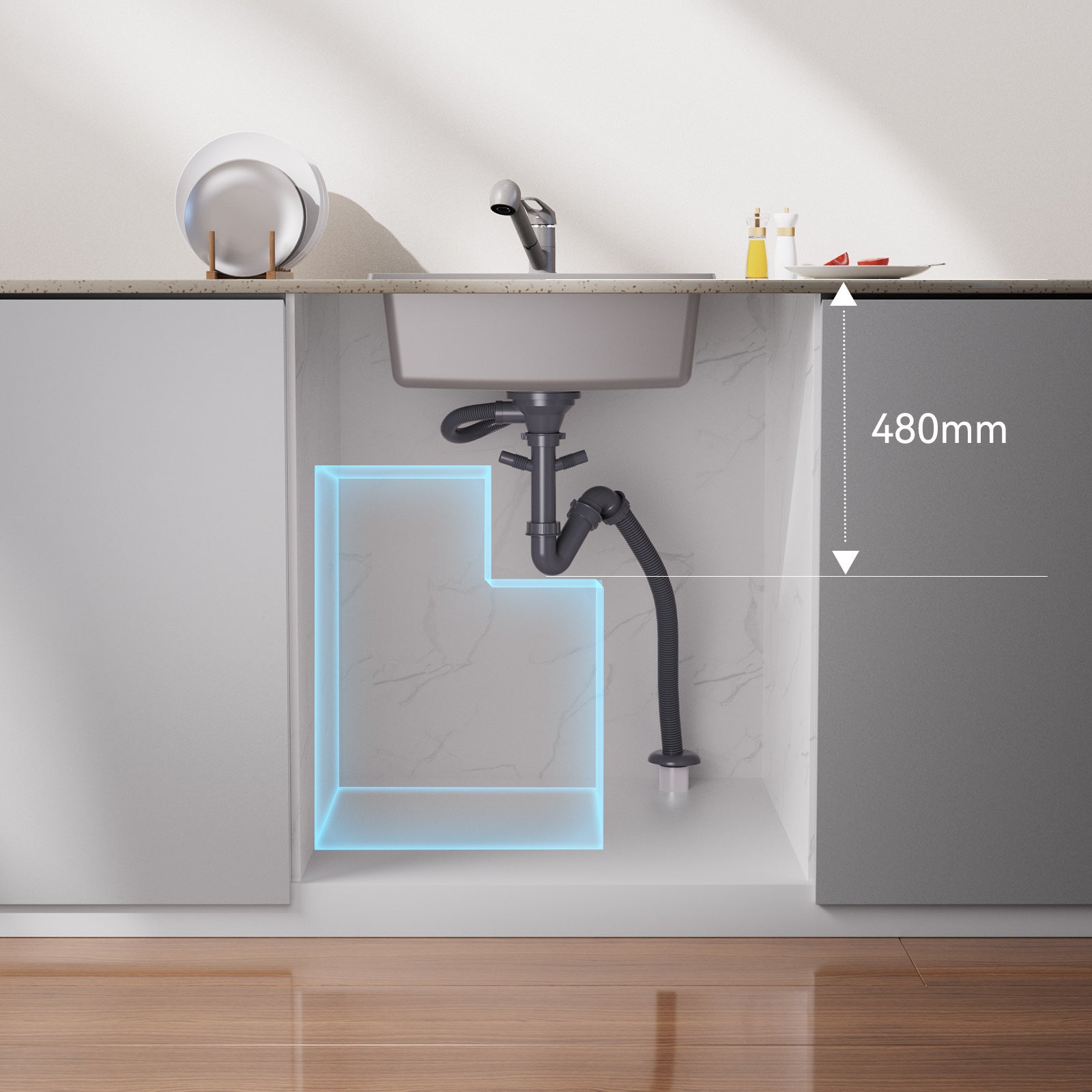 Évier Cuisine 1 Bac en Granit,55*45*20cm,Kit de Vidage,Évier Cuisine Encastré,Trous de Montage pour Robinet/Distributeur Savon - 9