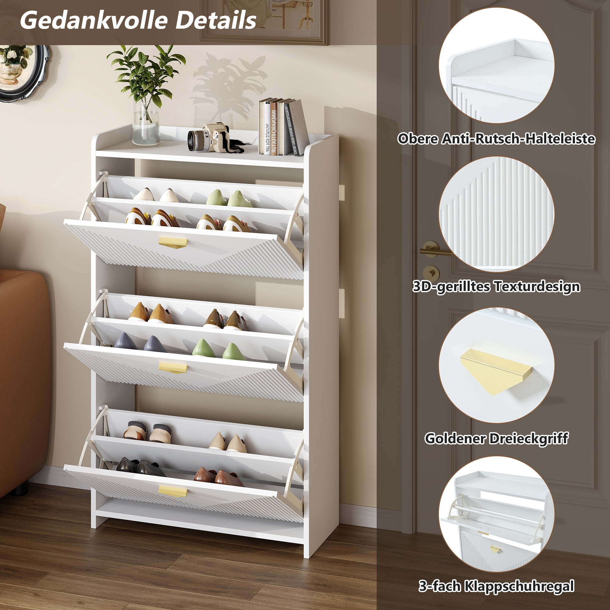 Meuble à chaussures avec 3 portes rabattables - 70 x 30 x 120 cm - MDF - Blanc - 8