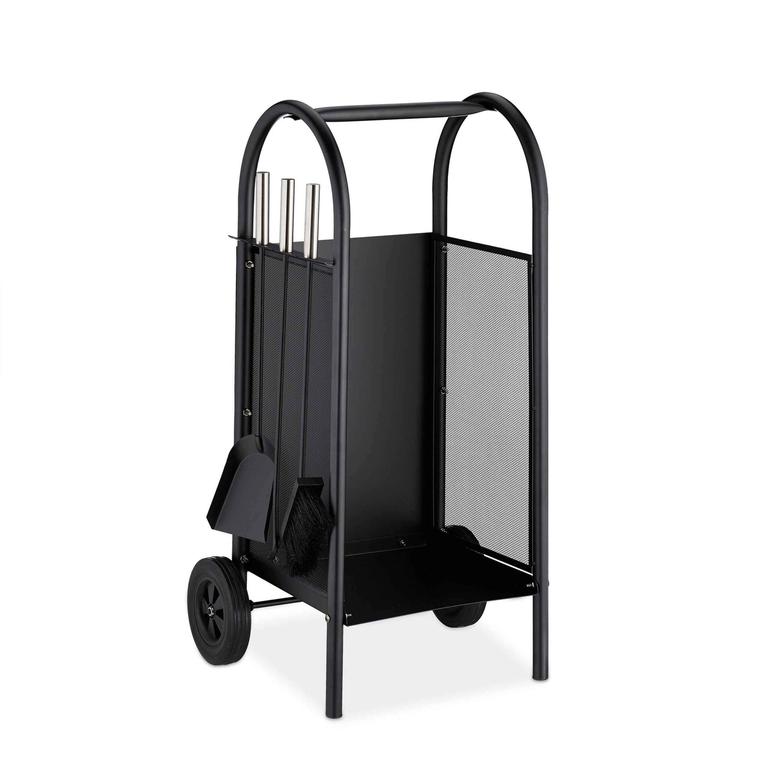 Chariot à bûches avec accessoires de cheminée en acier, 3 pièces, pelle, balai et tisonnier, noir, 81 x 42 x 37 cm, Relaxdays - 9