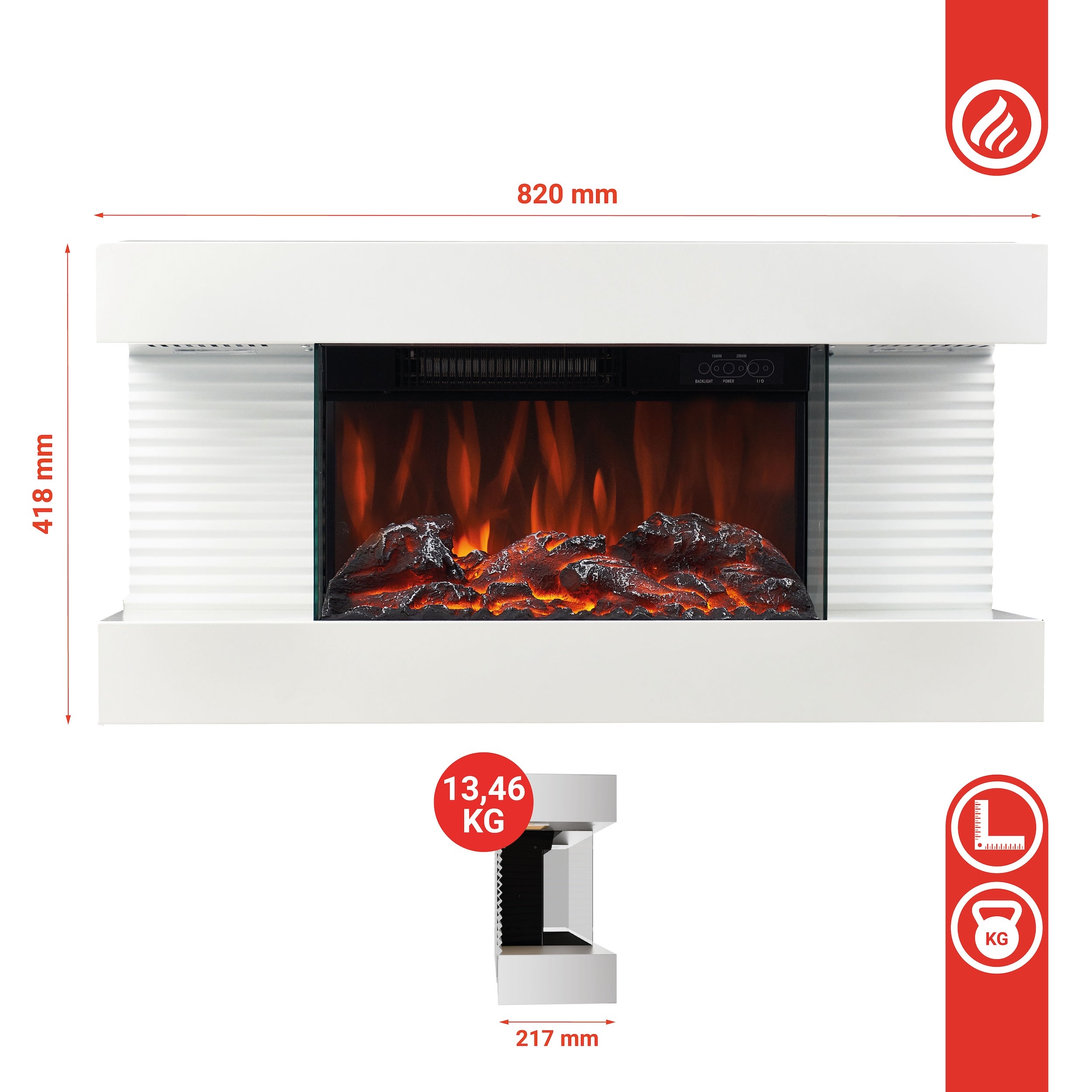 KAMINIO Cheminée Électrique LIZ - Cheminée Murale avec Chauffage, Effet de flamme 3D, Lumière d'ambiance LED, Télécommande - Blanc - 7