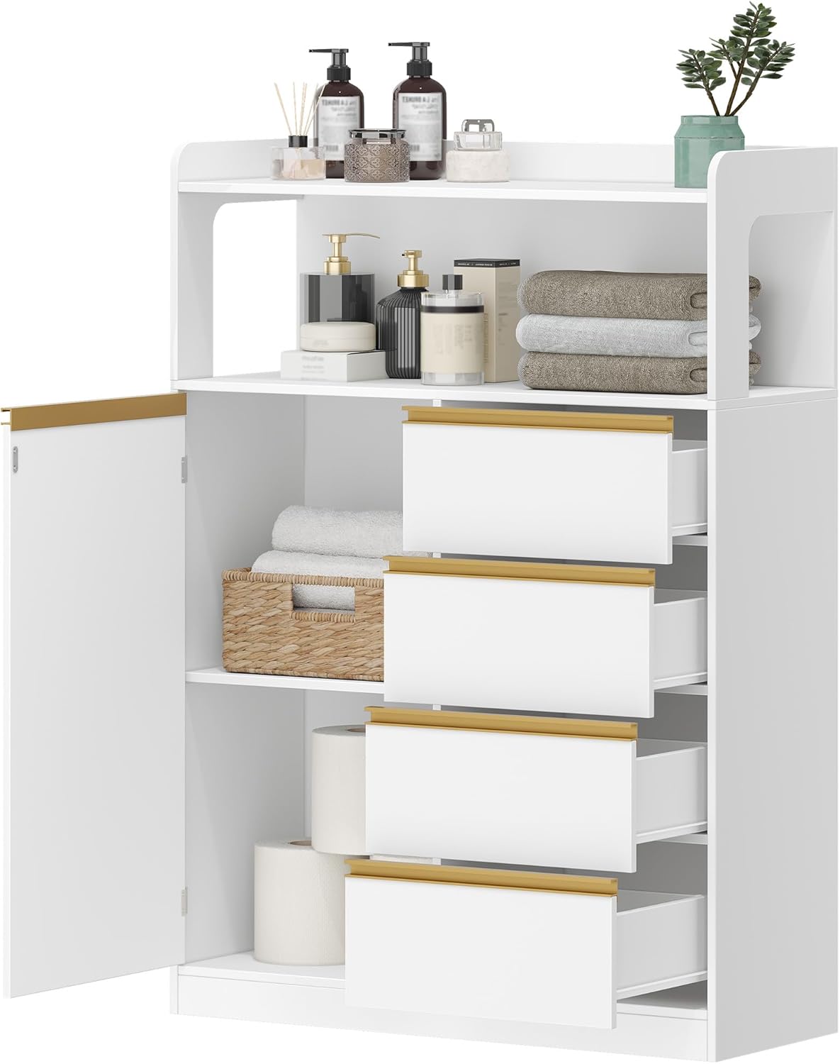 Meuble Salle de Bain, Meuble Salle de Bain Rangement, Placard de Rangement avec 4 Tiroirs, Armoire Haut Salles de Bains, Étagères Réglables, Blanc - 8