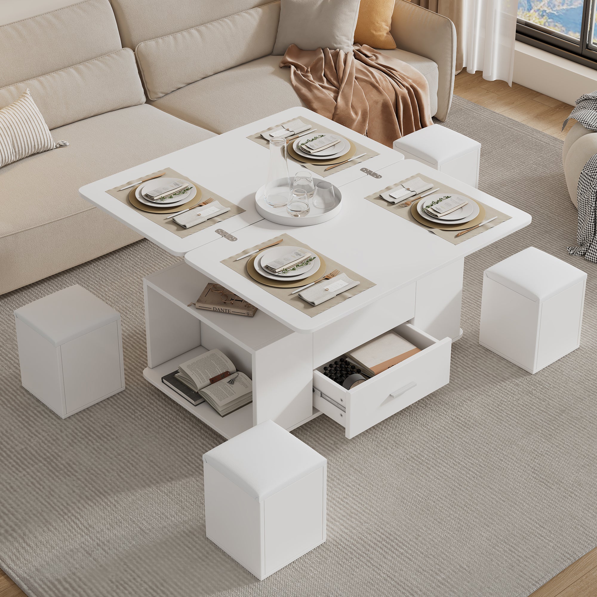 Table basse avec plateau relevable, 1 tiroir et 4 tabourets - 100 x 50 x 45 cm - Panneau de particules - Blanc - 4