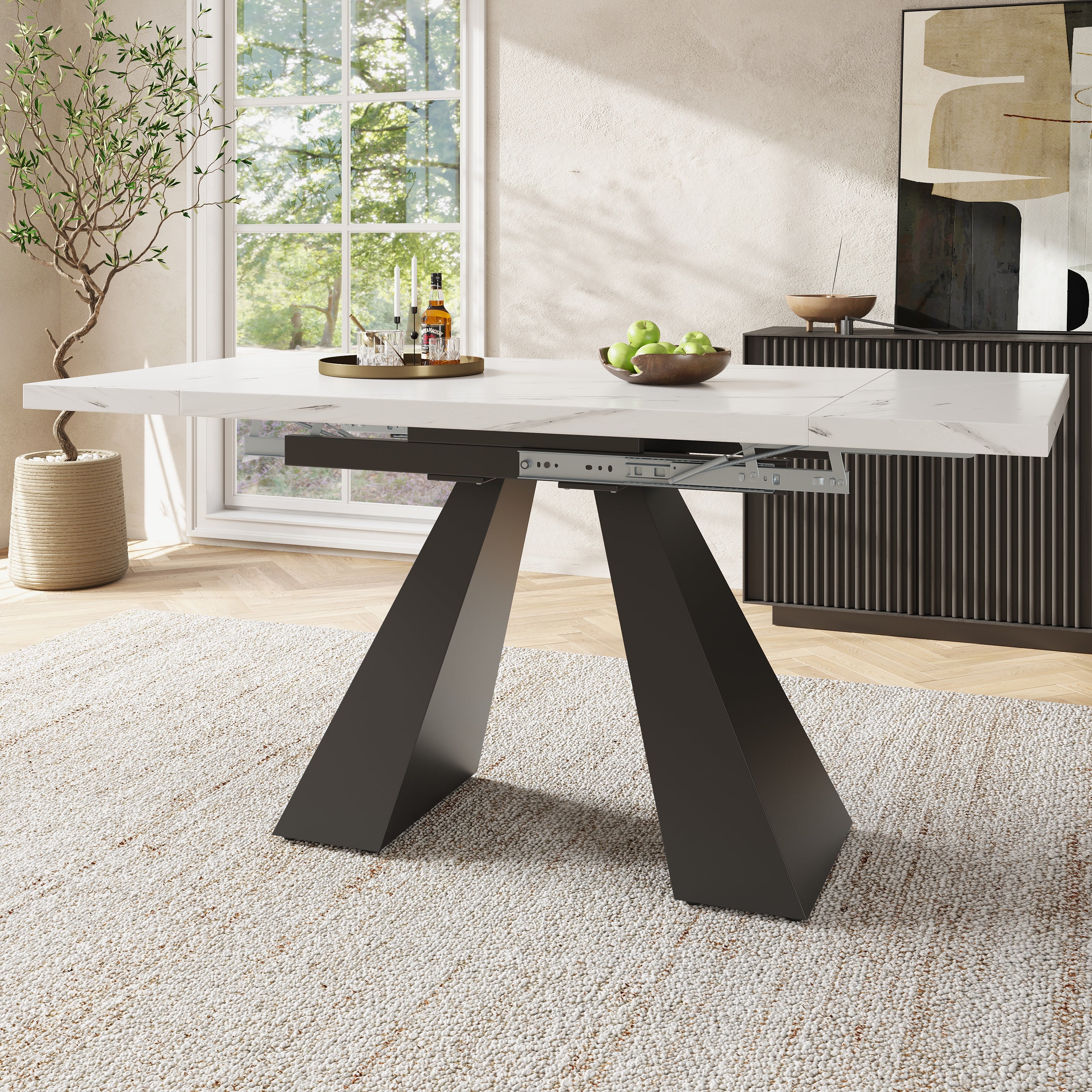 Rozkładany stół jadalny dla 4-6 osób - 99/159 x 74 x 77 cm - Płyta MDF + nogi metalowe - Blat imitujący marmur - Biały - 2