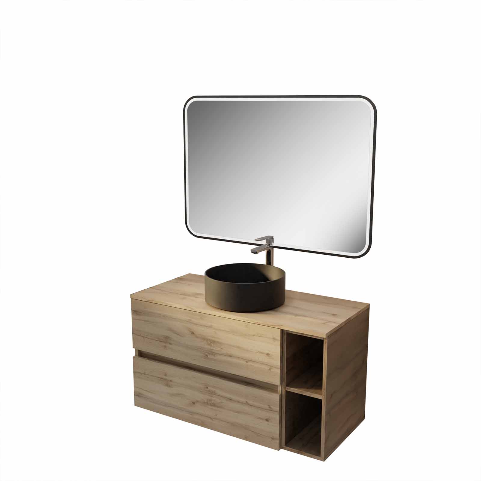Meuble salle de bains 100 TIMBER Décor Chêne 2 Tiroirs, Vasque Noire, Miroir 100x70 LED bord Noir - 3