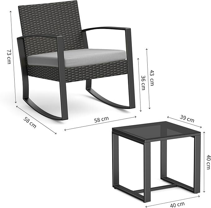 Salon de Jardin 2 Places - Fauteuil Bascule en Acier avec Coussin Table en Verre Trempé Gris Bealife - 3