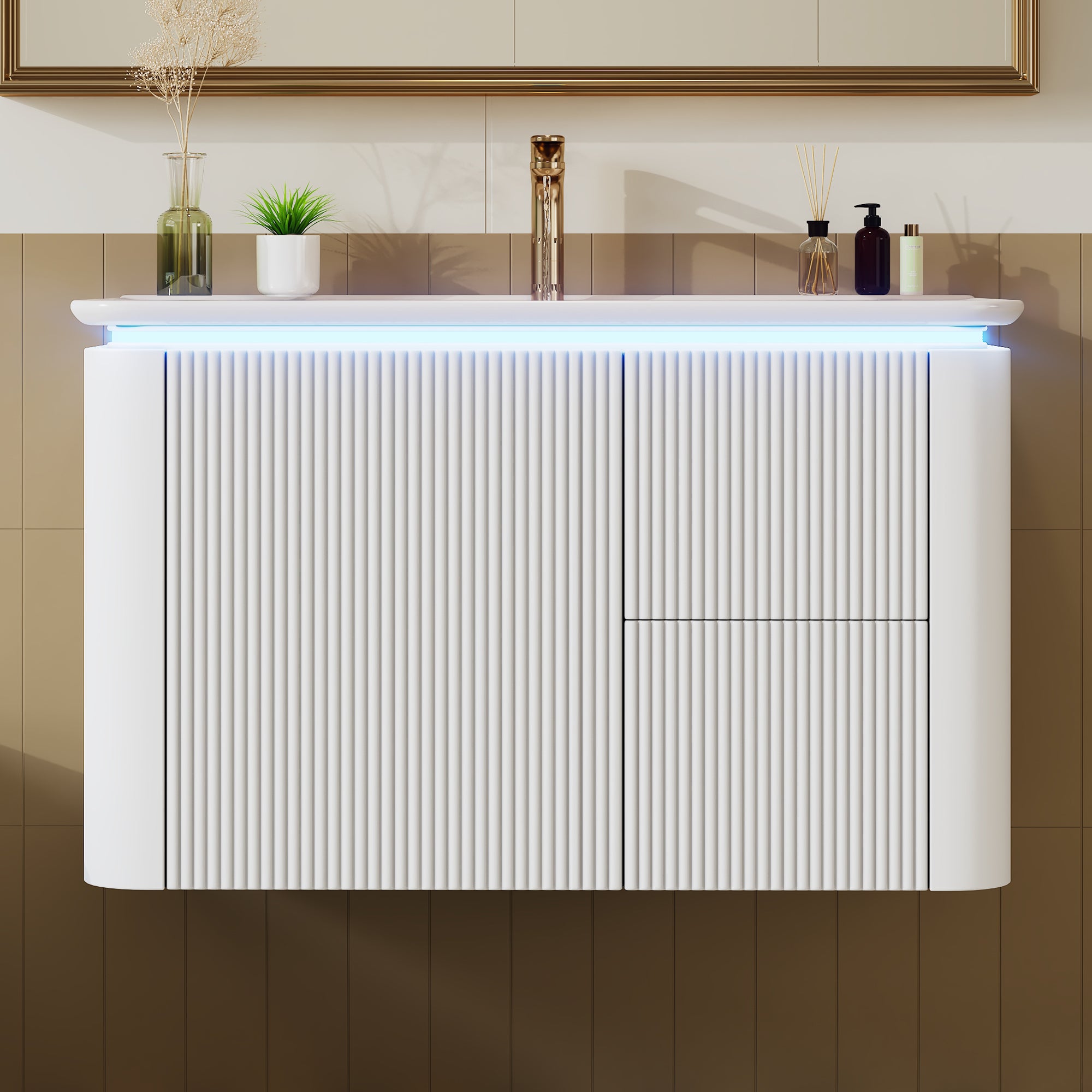 Meuble de salle de bain mural - Vasque simple en céramique et 4 tiroirs - 80,5 x 47,5 x 51 cm - MDF - LEDs - Laqué blanc - 4