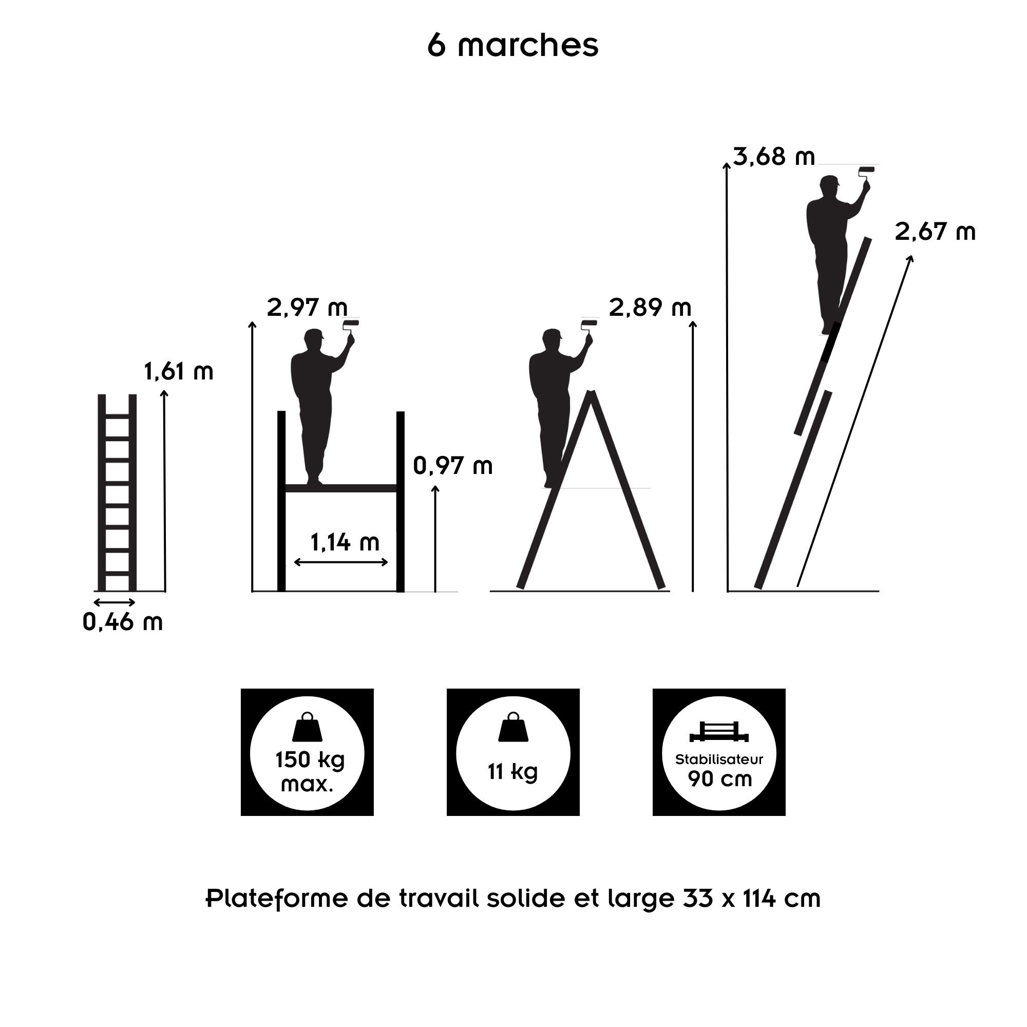 HIGH Echelle 2 plans en aluminium modulable échafaudage escabeau plateforme de travail 6 marches - 4