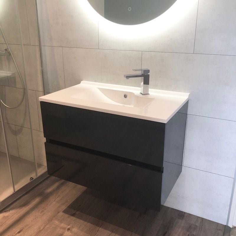 Meuble salle de bain suspendu 80 cm ROSALY | coloris : Gris | plan vasque : Résine - 4