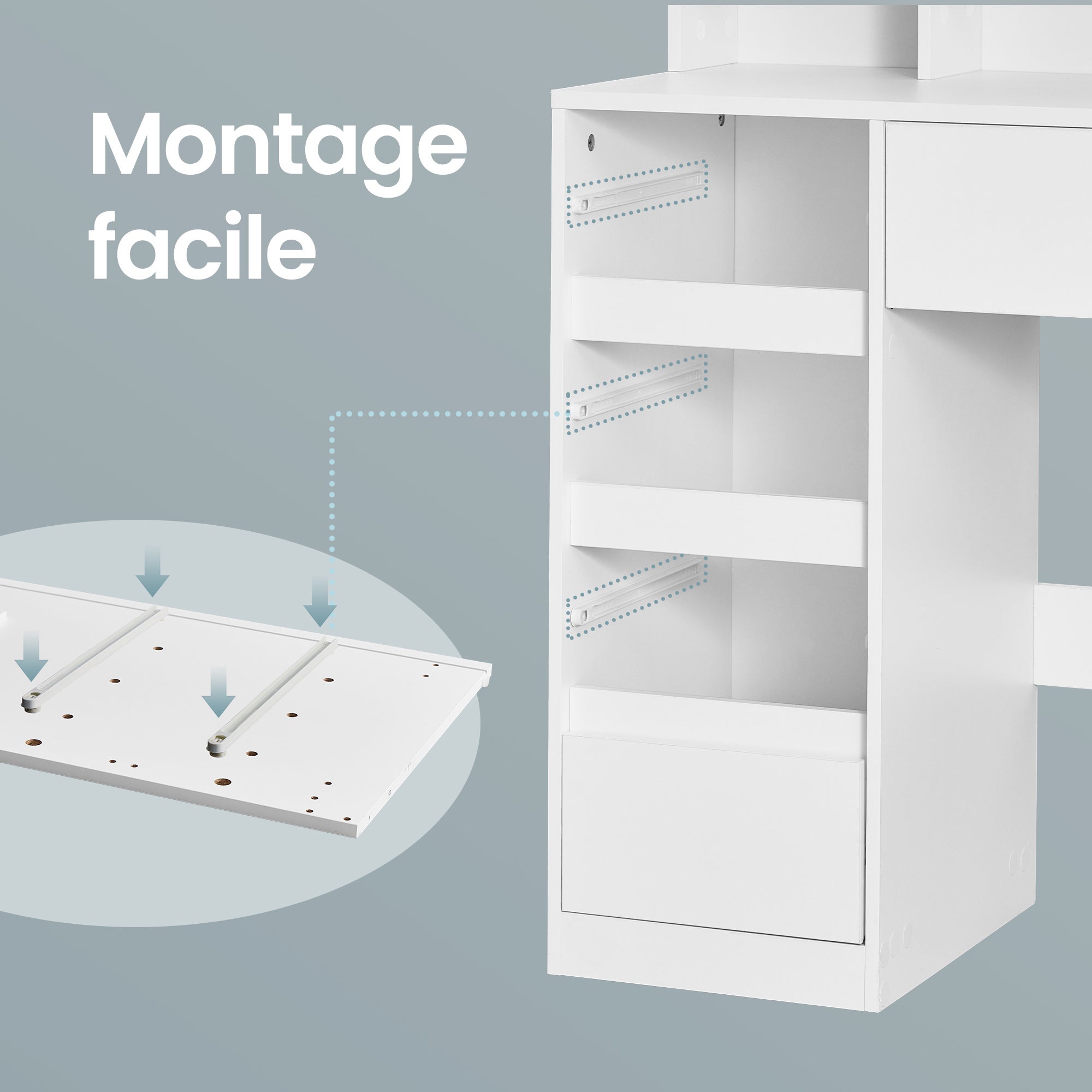 Table de Maquillage avec 9 Tiroirs, Miroir Triple Pliable, Éclairage LED 3 Couleurs, Chambre, Multiprise Intégrée, Blanc - 4