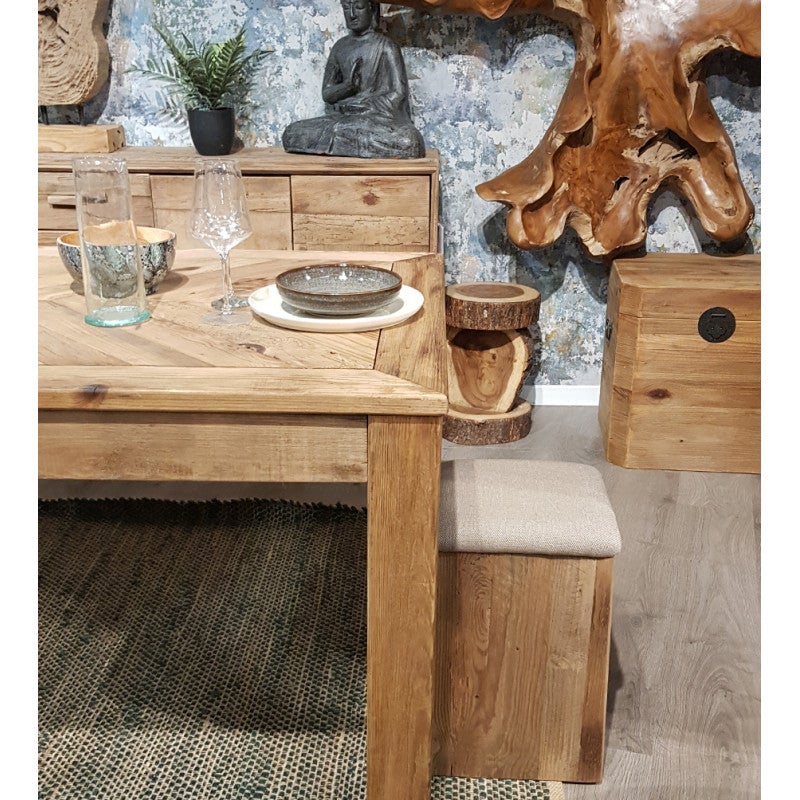 Tabouret en bois massif recyclé et tissu rembourré beige - CHALET - 2