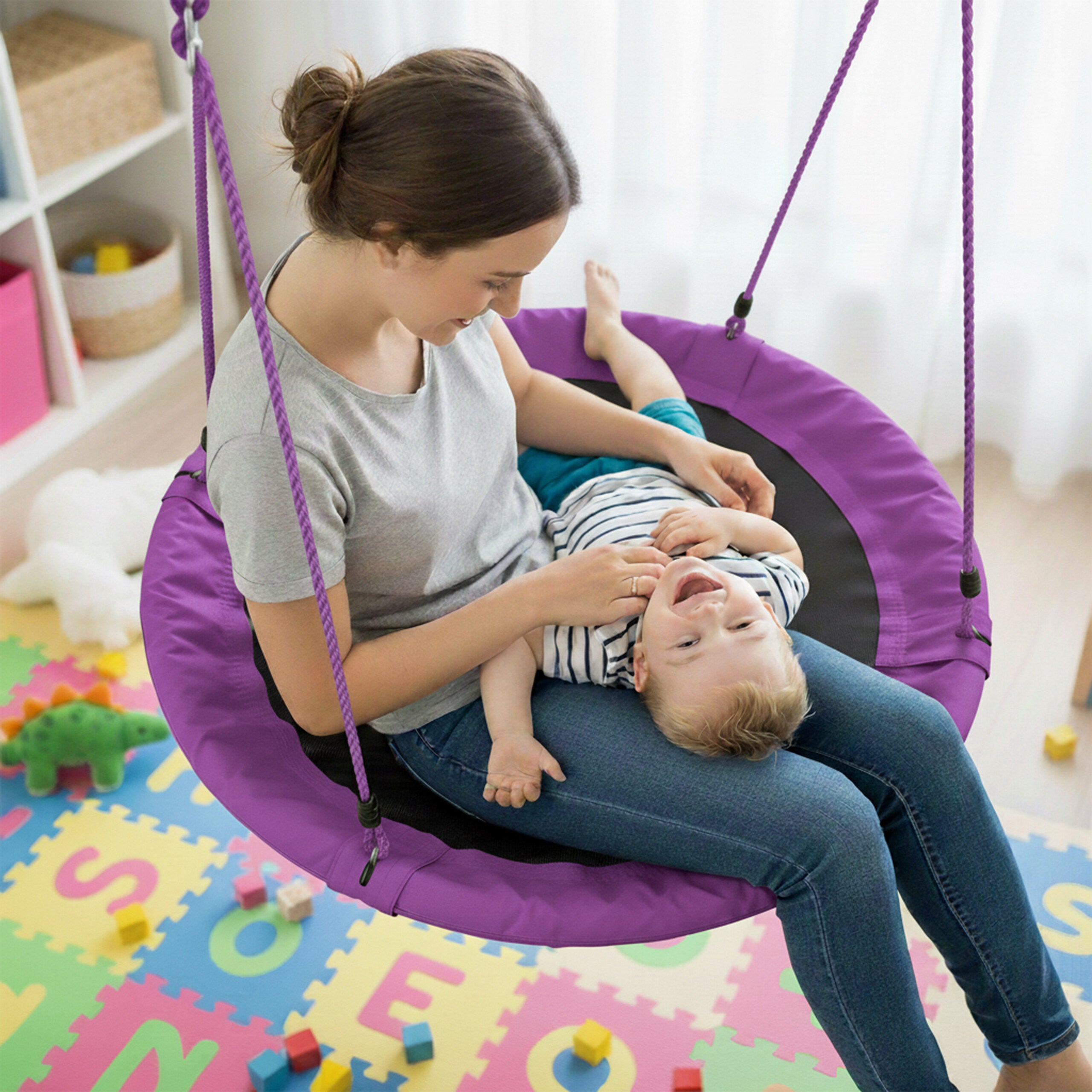 Balançoire nid d'oiseau rond 110 cm à suspendre enfant adulte jardin extérieur Ø 110 cm, 100 kg, violet, Relaxdays - 3