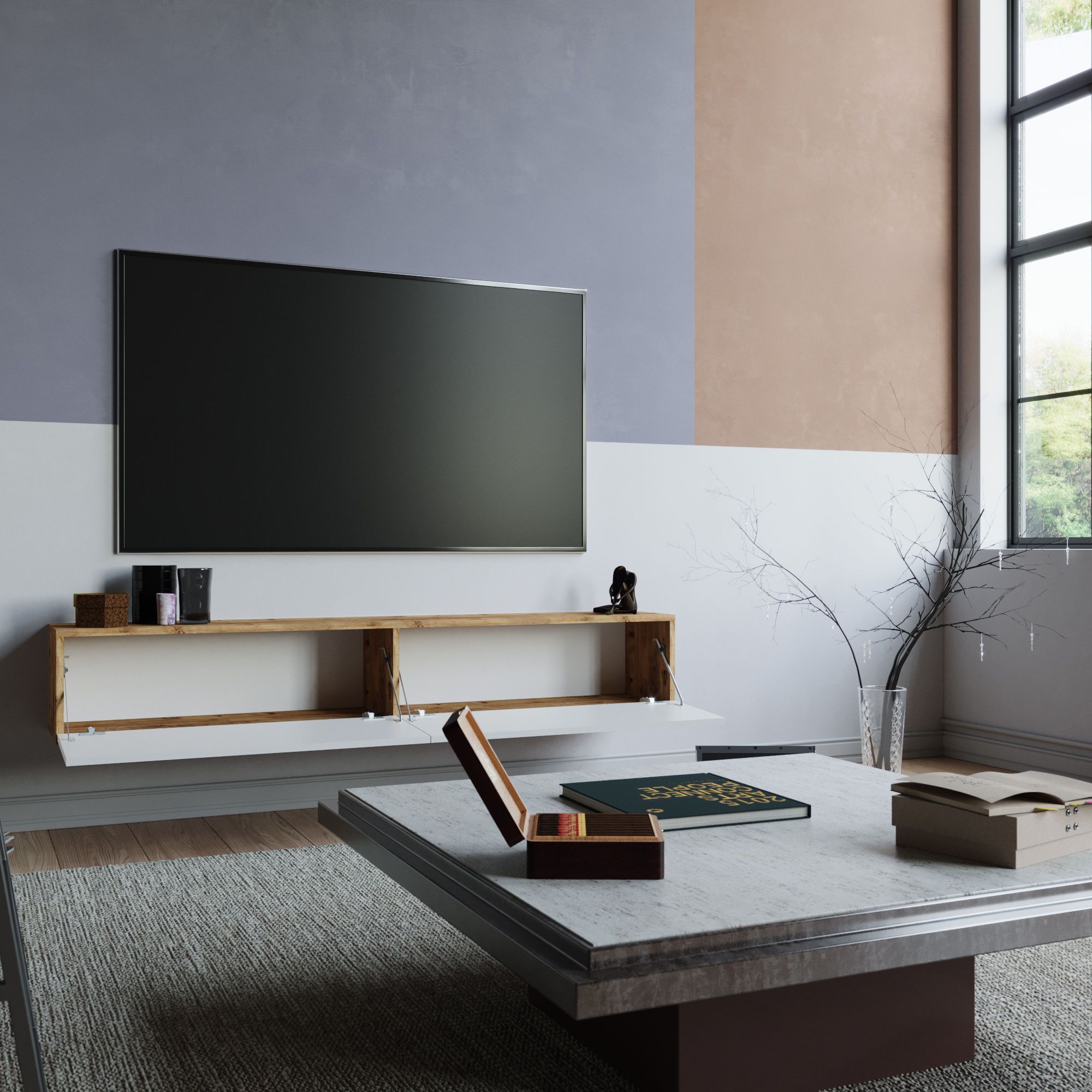 Meuble TV 2 portes battantes Wafo 180cm Bois Naturel et Blanc - 5