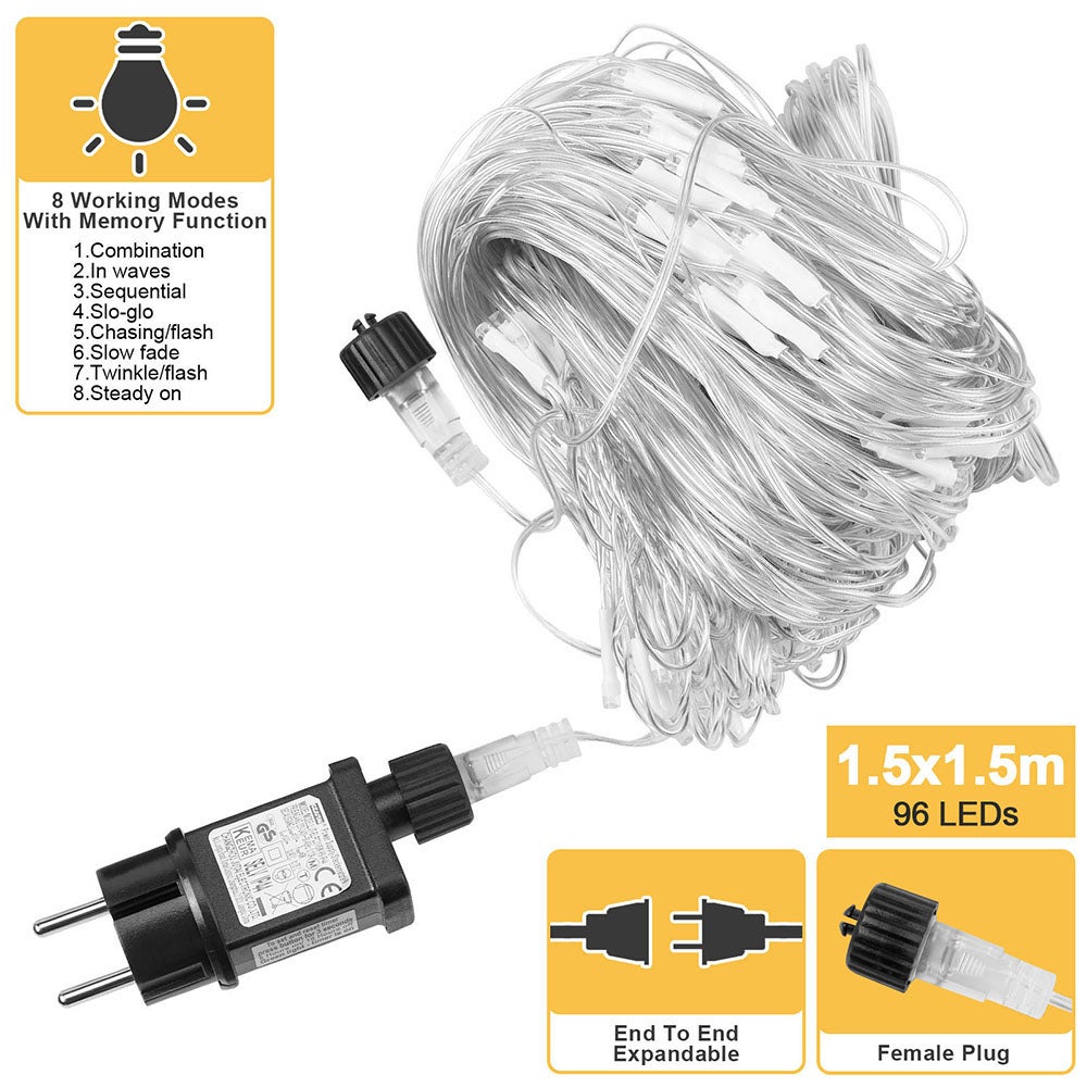 Ghirlanda luminosa, 94 LED, alimentazione a rete, 1.5 m x 1.5 m, 8 modalità, ghirlande luminose con regolatore, decorazioni per Natale - Bianco caldo - 2