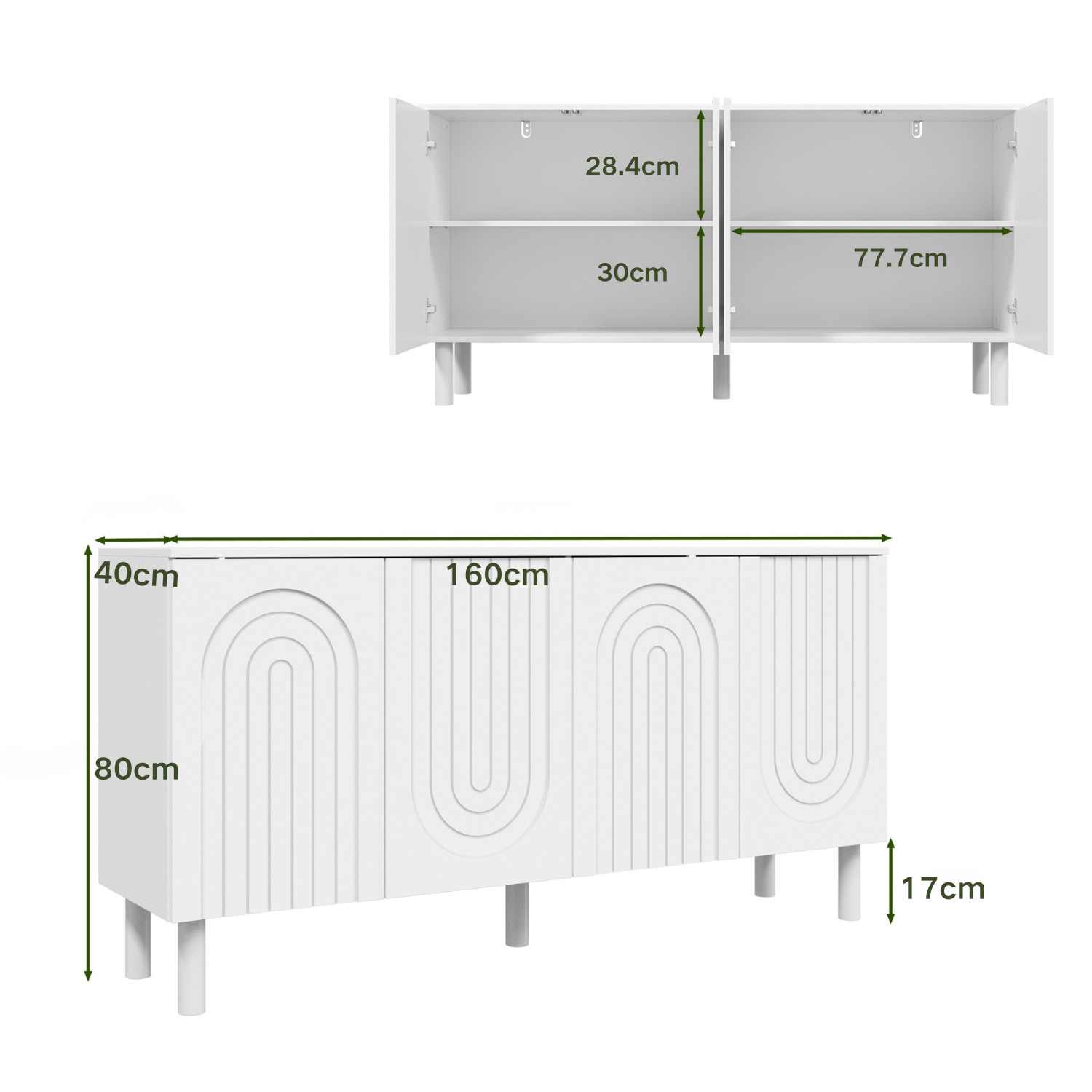 Buffet Bas avec 4 Portes et Pieds Hauts pour Salle à Manger, Meuble de Salon avec Façade Sculptée,160x40x80, Blanc - 3