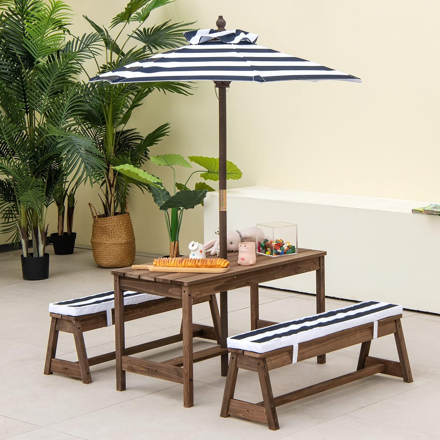 Mesa infantil de exterior, mesa de picnic infantil con sombrilla, mesa y banco de jardín, muebles de madera para 1-4 niños (azul) - 9