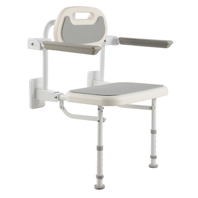 Chaise de Douche Rabattable Murale VEVOR, Siège de Salle de Bains avec Dossier, Accoudoirs et Pieds Réglables Antidérapants, pour Personnes Âgées