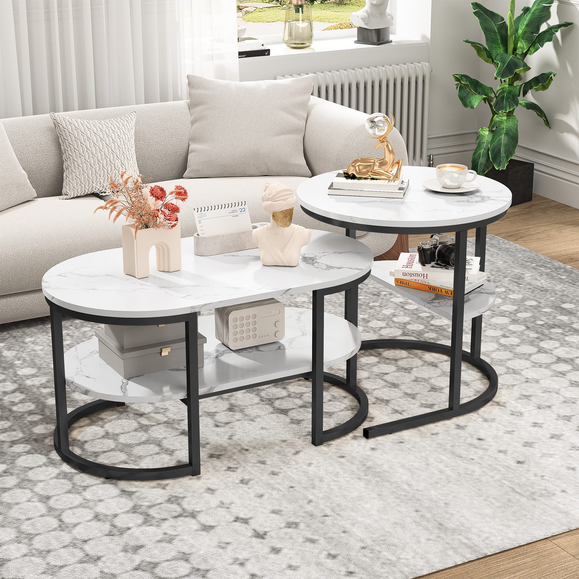 Table basse ronde plateaux en céramique gris marbré et pieds métal noir Table basse ronde plateaux en céramique gris marbré et pieds métal noir