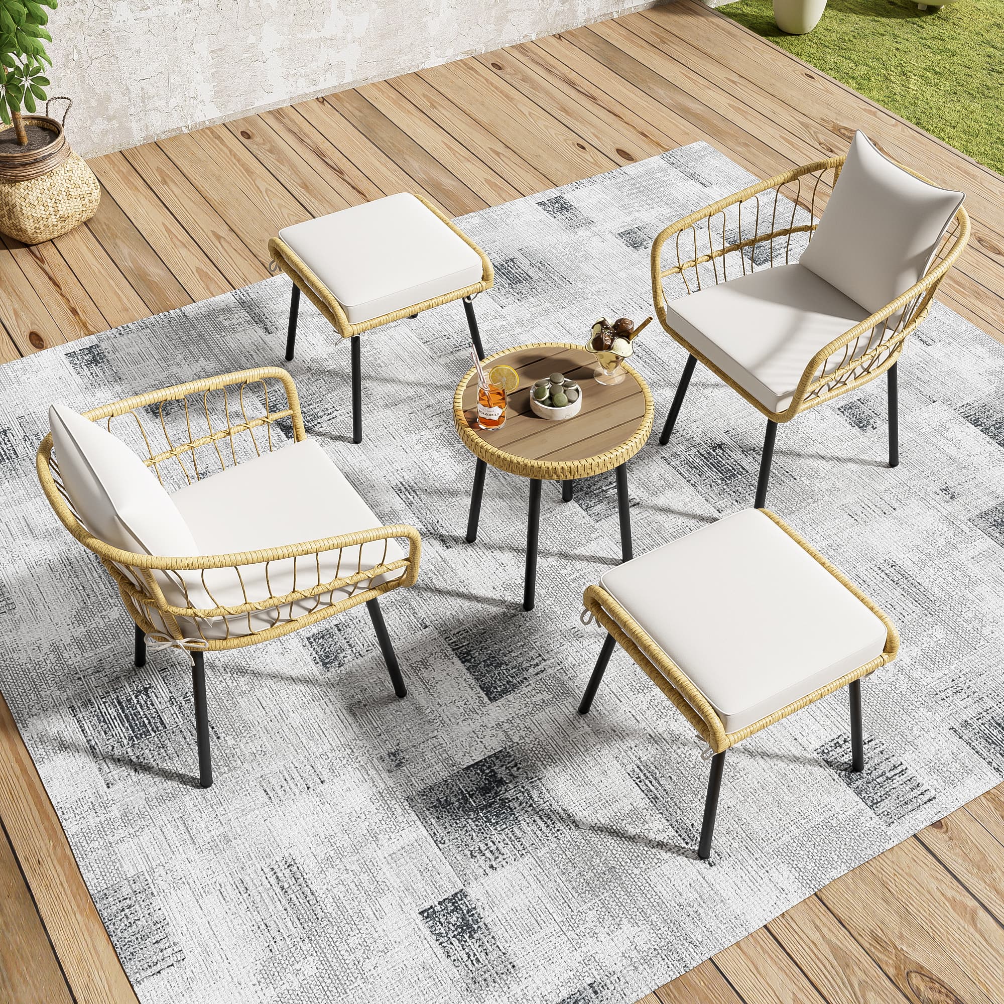 Ensemble Lounge de Jardin 5 Pièces, Composé d‘1 Table à Manger, 2 Chaises, 2 Tabourets, Mobilier en Rotin, Naturel - 3
