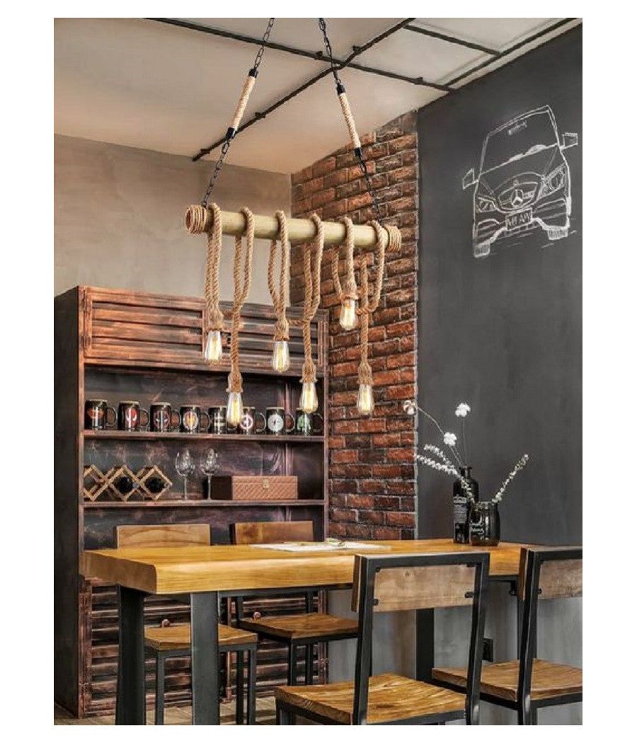 Trade Shop - Lampadario Country 6 Portalampada E27 Lampada Soffitto Vintage Legno Corda B23-6 - - 3