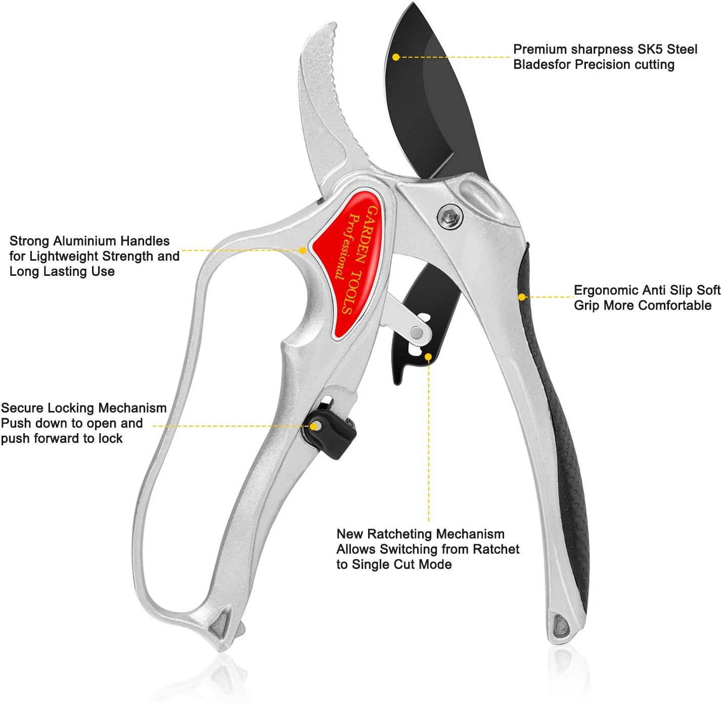 Sécateur Jardin - Anti Glissement poignees, mécanisme de déverrouillage, sécateur Bypass, revêtement antiadhésif,Ciseaux de Jardin Sharp Hand Pruners - 2