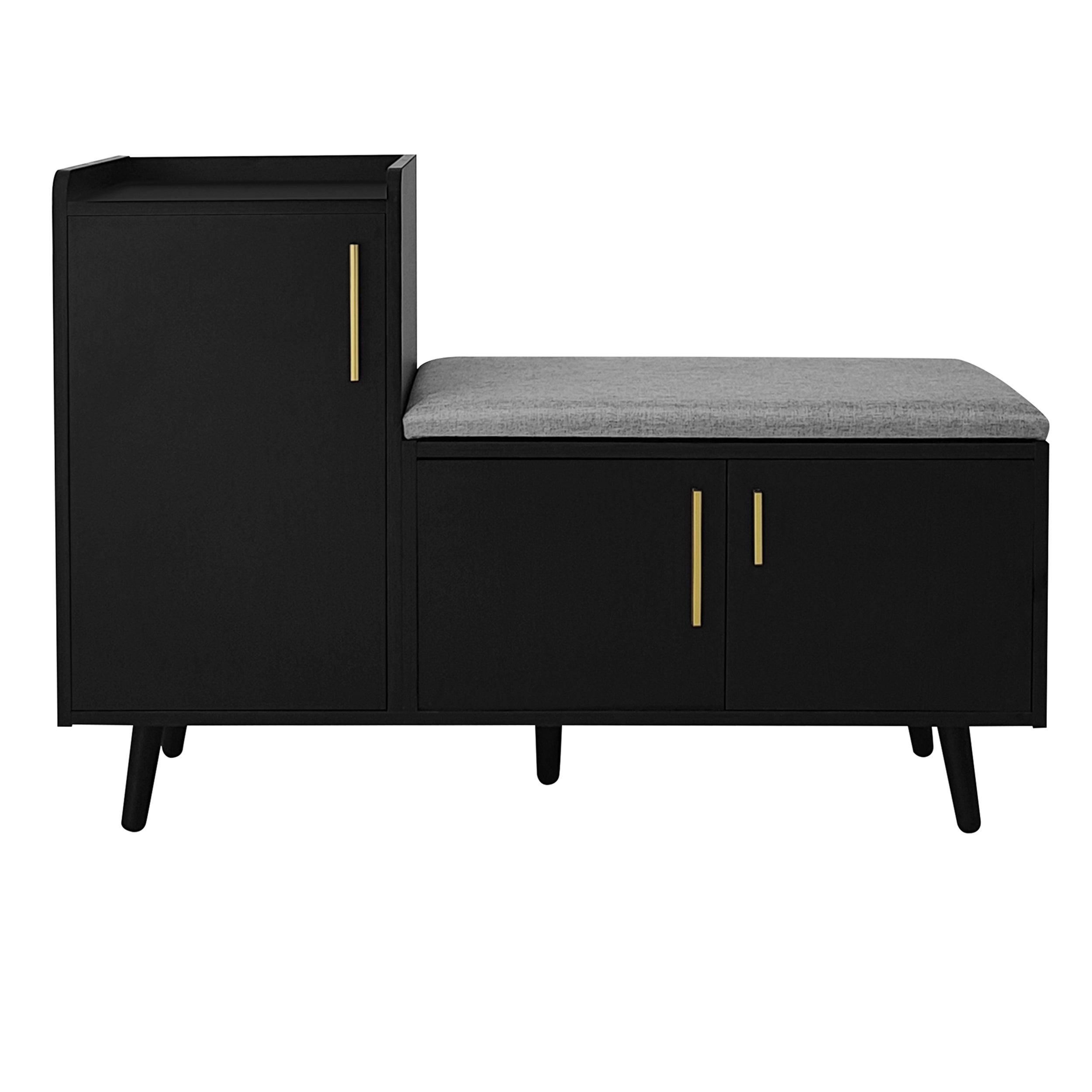 Banc à Chaussures Moderne - 100x34x69 cm - 3 Portes & Assise Rembourrée - Design Poignées en Métal Asymétriques - Noir - 2