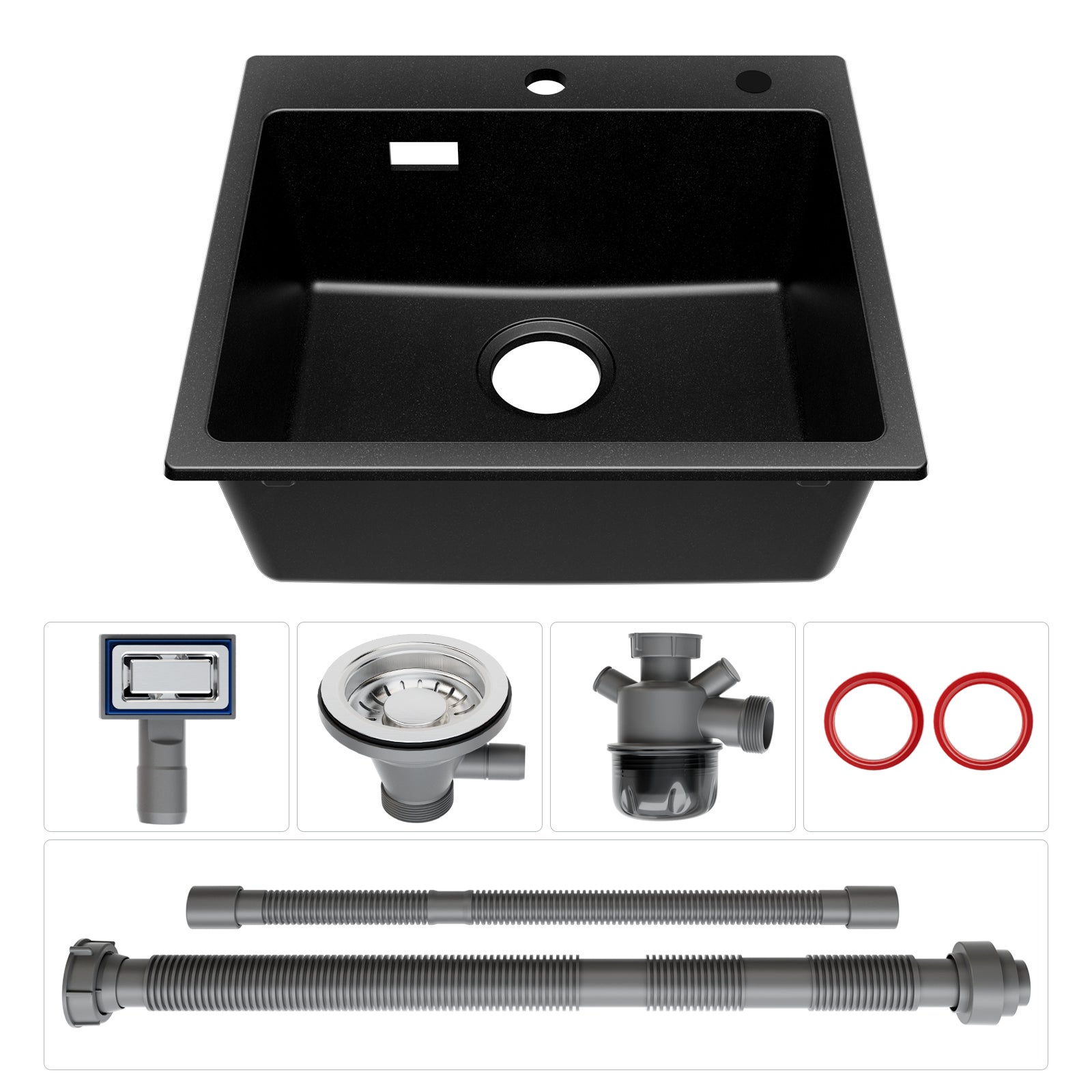 Fregadero de cocina de granito de 50*45 cm, kit de drenaje Eveir de 1 tazón, fregadero de cocina incorporado, fregadero de encimera negro - 6
