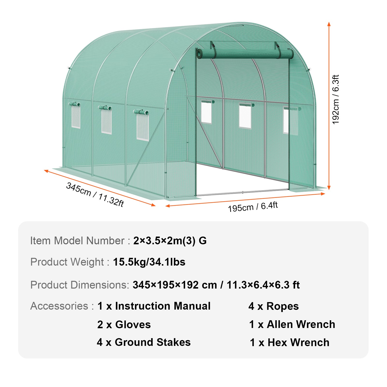 Serre tunnel SucceBuy 3,4 x 1,9 x 1,9 m pour plantes cadre en acier galvanisé,couverture en PE vert porte à fermeture éclair enroulable et 6 fenêtres - 9
