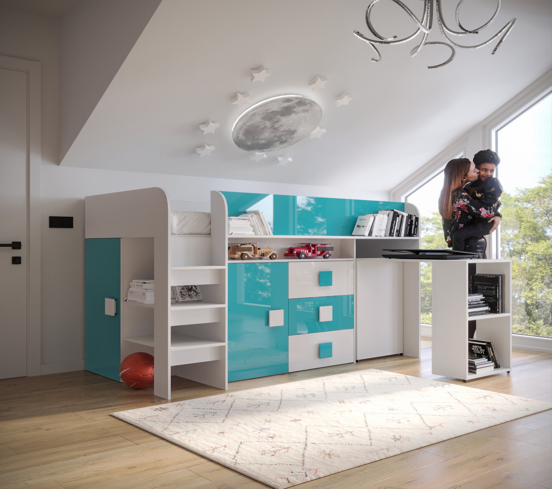 Łóżko piętrowe Antresola TOLEDO 1 biały + turkusowy - Abiks - 2