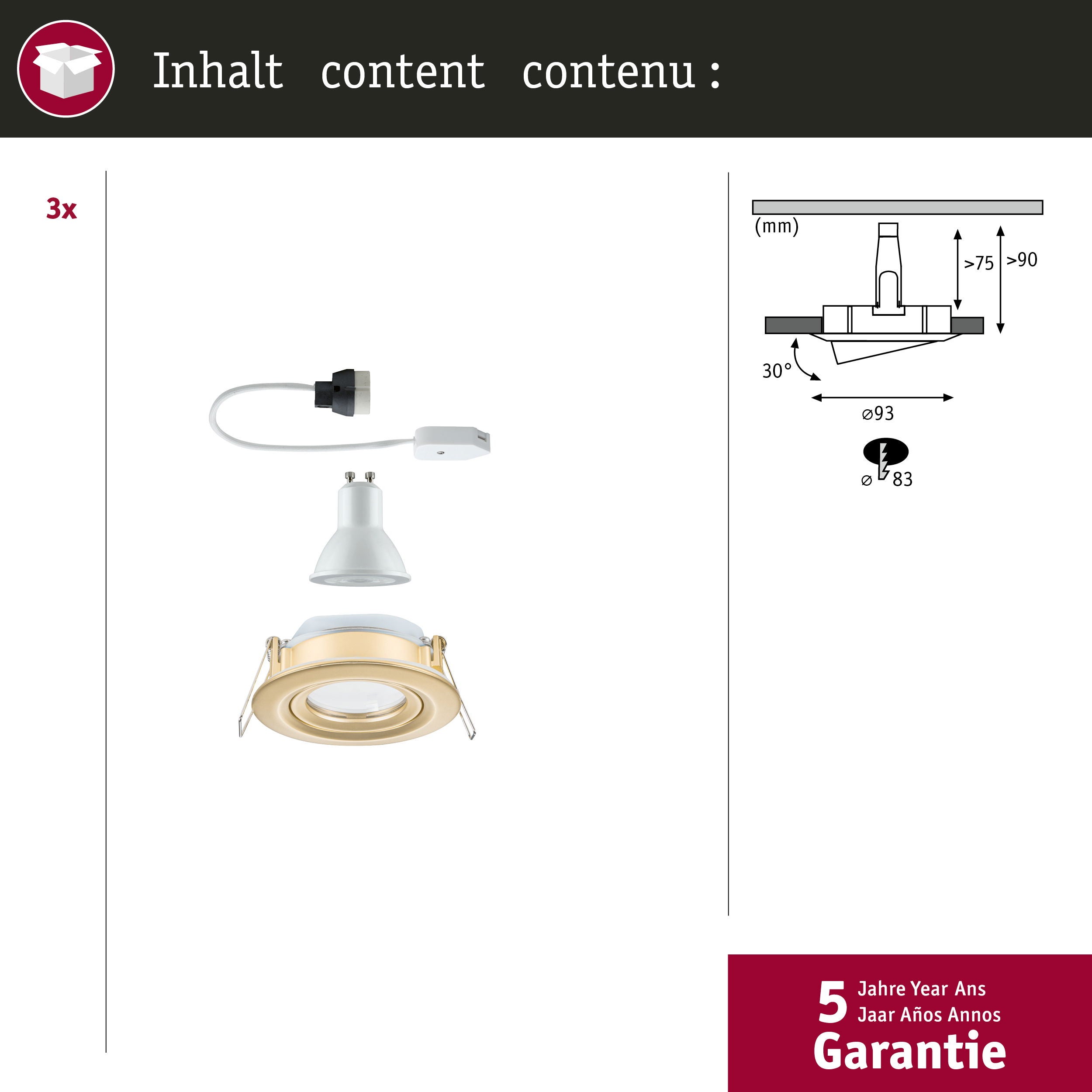 Spot encastré LED Nova Plus Kit de 3 IP65 rond 93mm 30° GU10 3x6W 3x460lm 230V gradable 2700K Doré mat - 4