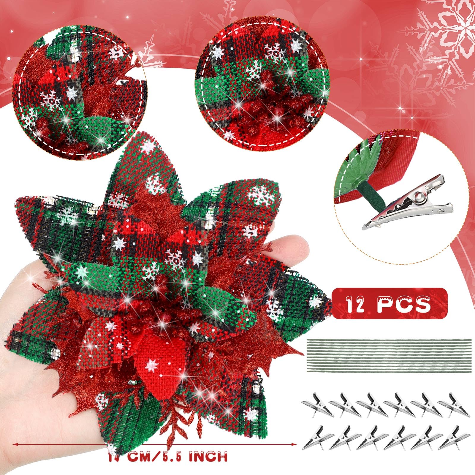 Lot de 16 décorations de Noël, fleurs artificielles scintillantes avec clips, décorations pour sapin de Noël, pendentifs de fleurs artificielles - 2