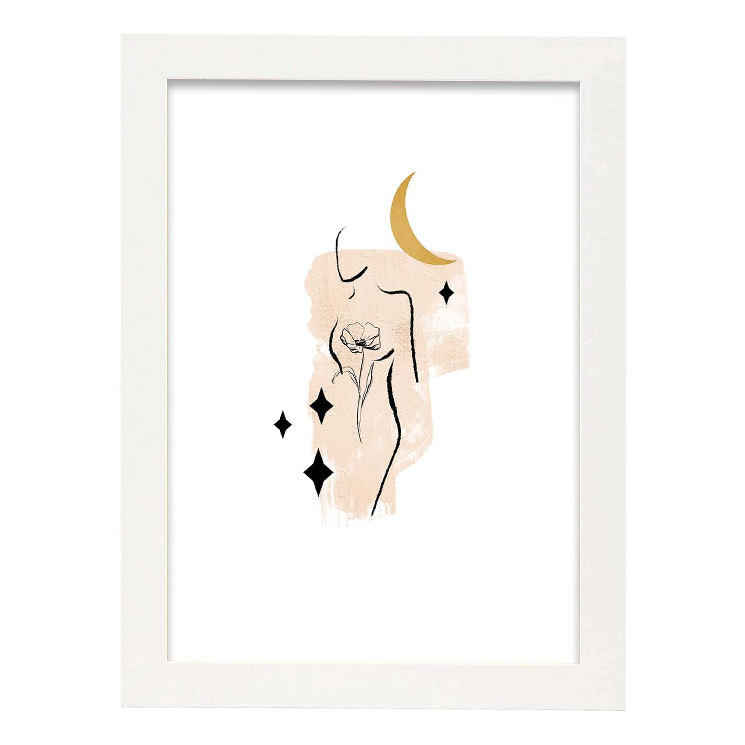 Poster con ilustracion de mujer. dibujos con formas, caras, cuerpos y gestos de mujeres. 'mujeres 25'. marco negro - a3