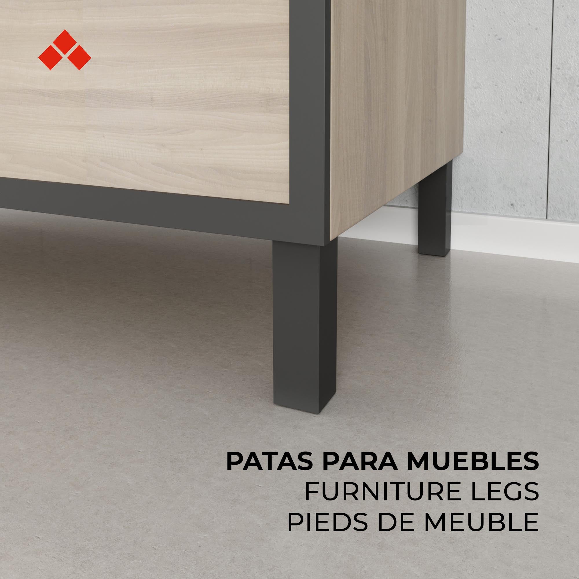 Pied de meuble | Style fonctionnel | En ABS | Finition noire | Mesures 42*42*52mm | Hauteur : 5,2 cm | Installation facile par boulonnage | 1 unité - 5