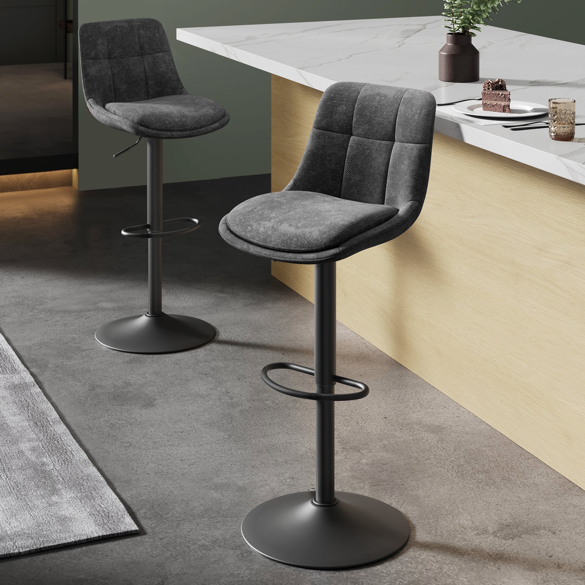 Tabourets de Bar, Lot de 2, Siège Pivotant à Hauteur Réglable, avec Dossier et Repose-Pieds, Salle à Manger, Comptoir, Acier, Gris Ardoise - 2