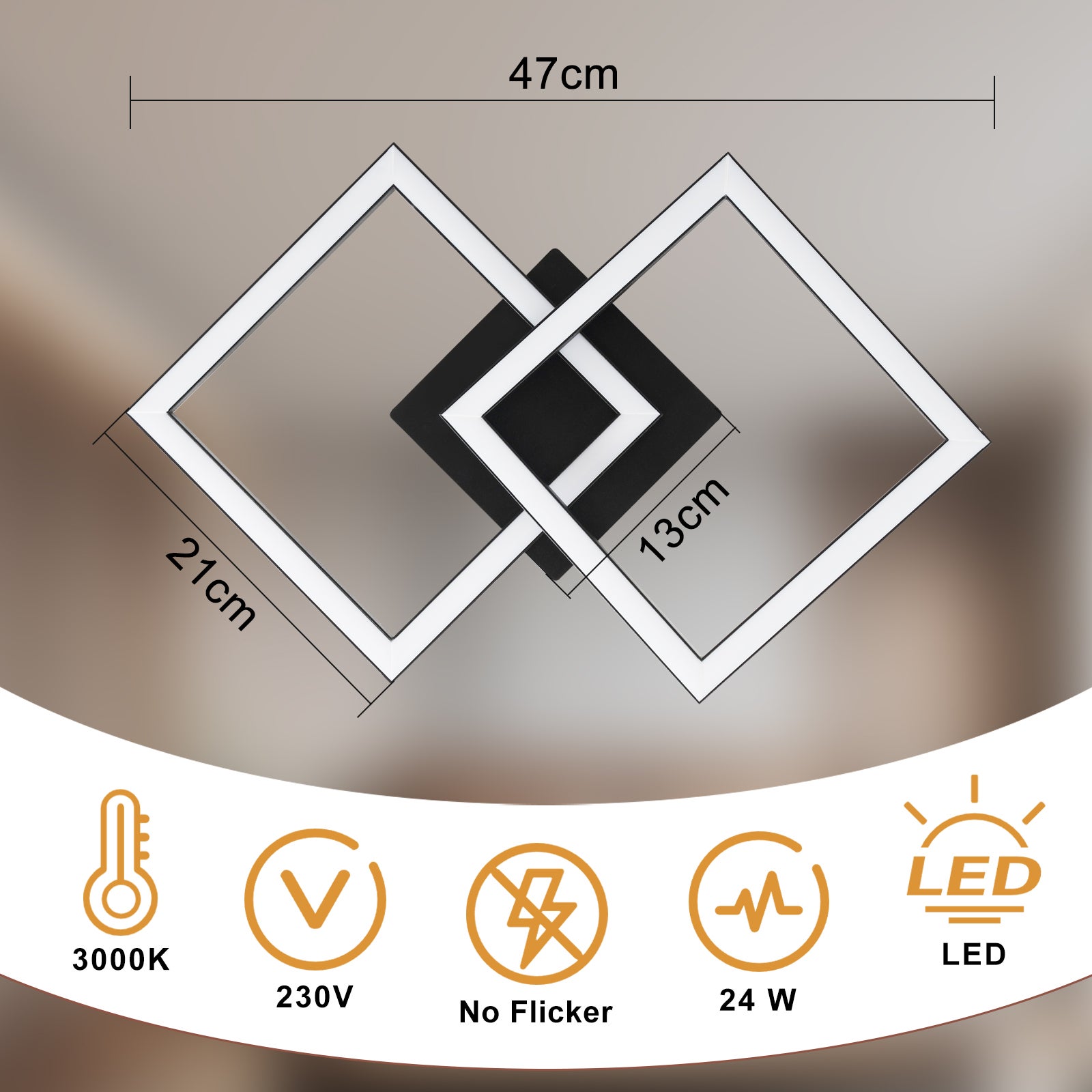 NETTLIFE Plafonnier LED 24W Noir Design Moderne Blanc Chaud Carré pour Salon Chambre Cuisine Couloir - 4