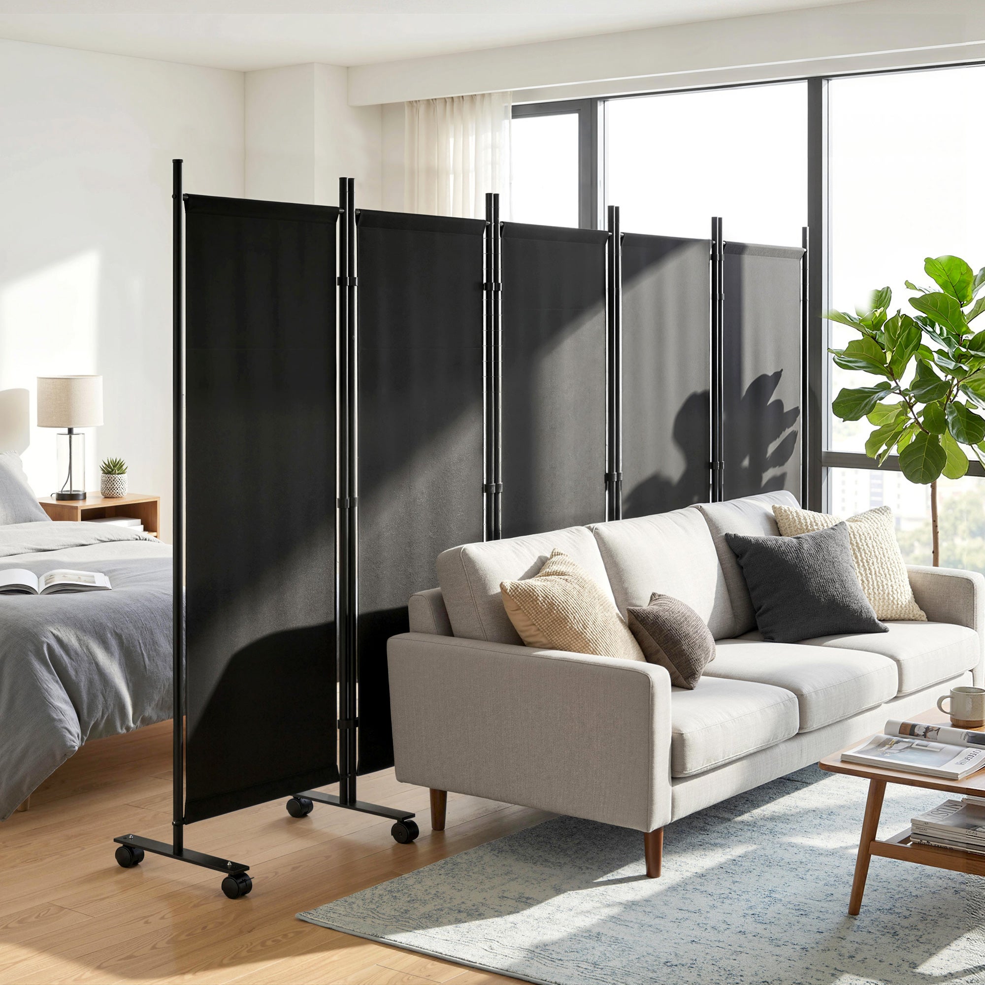Écran pliant 5 panneaux, 12 roues, 252x170 cm, séparateur pièce personnalisé, noir - 3