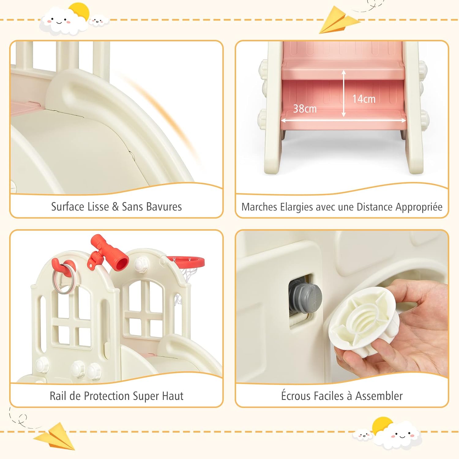 Toboggan 6 en 1 pour Enfant - Glisse de 140 CM - avec Panier,Aire de Jeux Extérieure 3-8 Ans, Rose - 4