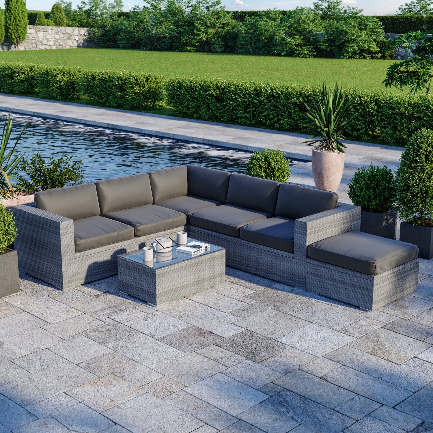 Salon De Jardin D'Angle Avril Paris En Résine Tressée Noir Écru FARENZA Avec Coffres De Rangement - Idéal Pour 6 Personnes