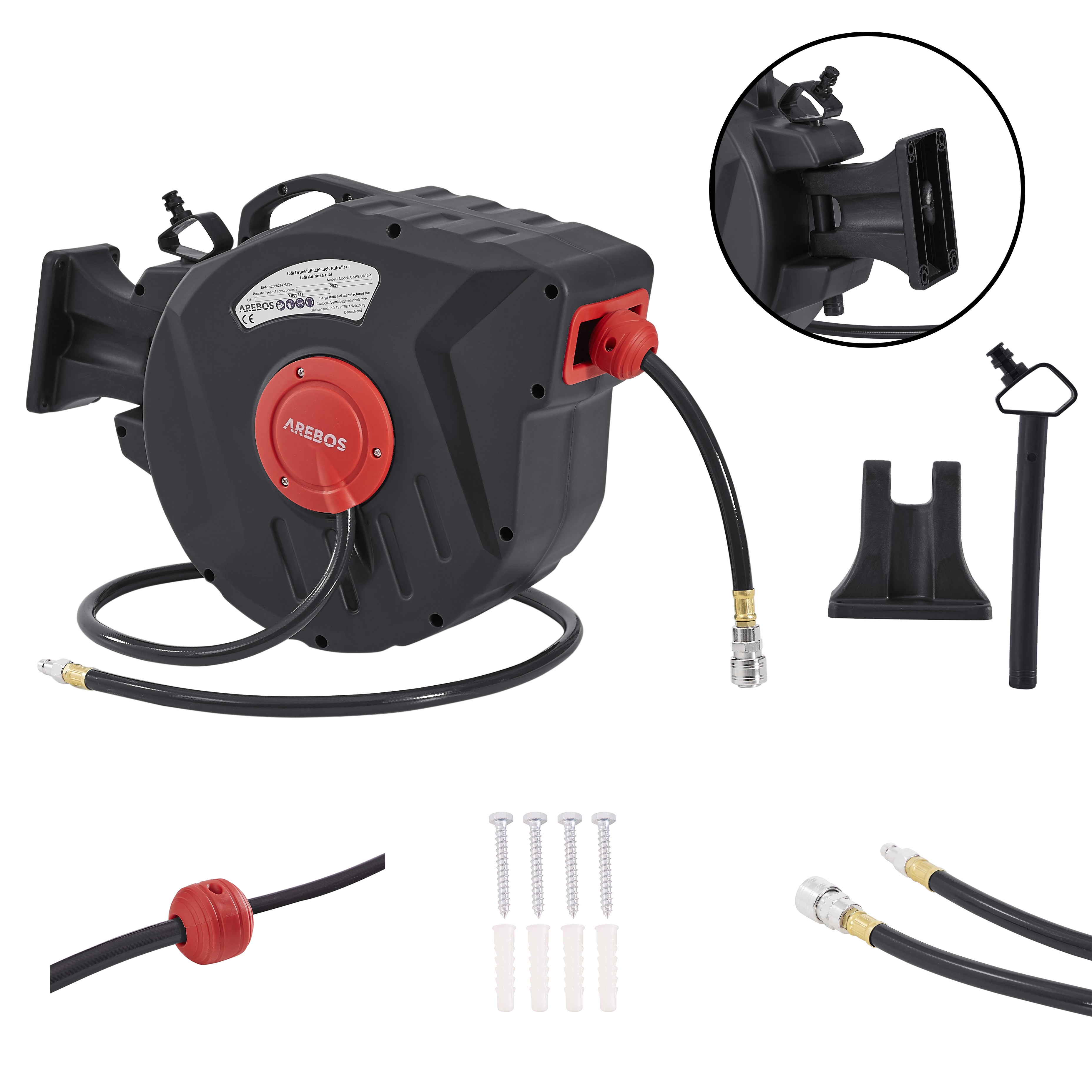 AREBOS Tuyau à air comprimé 20 m Support mural Raccord rapide 1-4