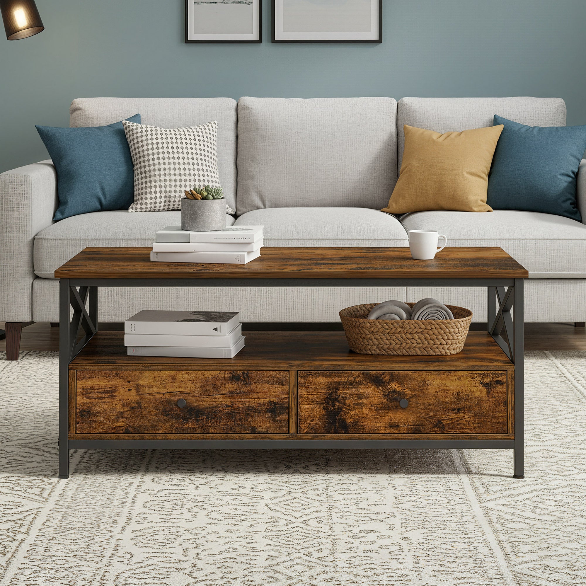 Table Basse, Table de Salon, Buffet Bas, avec 2 Tiroirs et Un Compartiment Ouvert, Cadre en Acier en Forme de X, Style Industriel, Marron et Noir - 3