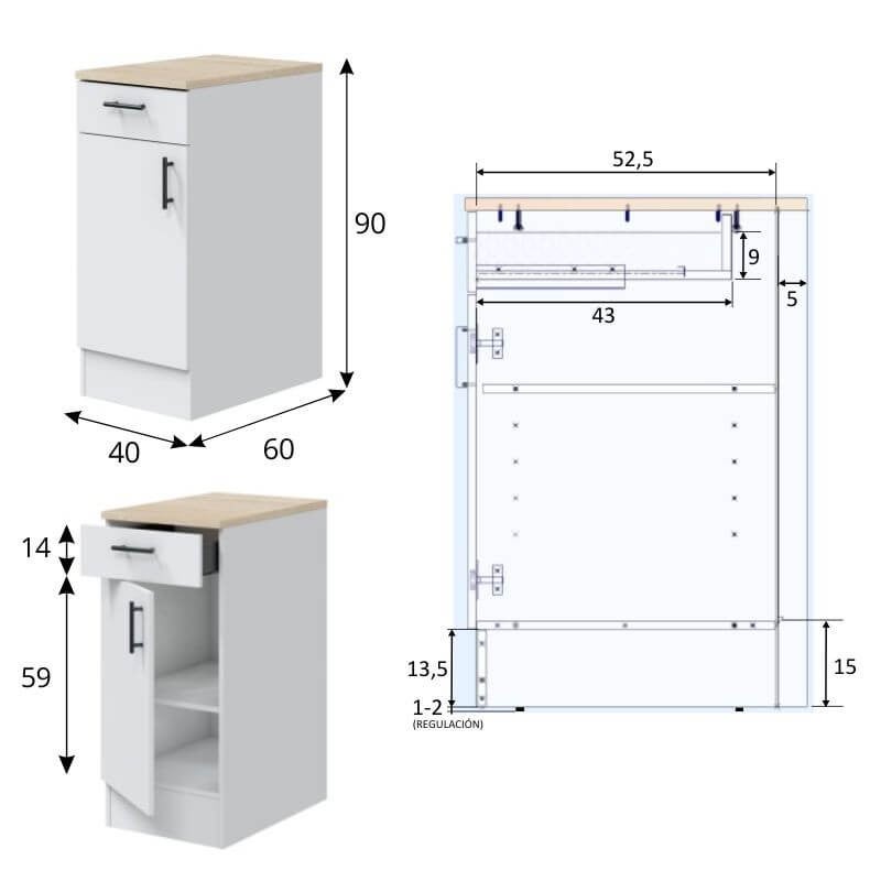 Mobelcenter - Mueble Bajo de Cocina de 40cm, Módulo 1 Puerta Reversible 1 Cajón, Acabado Color Blanco Brillo y Roble Canadian,40cm x 60cm x 90cm(1535) - 3