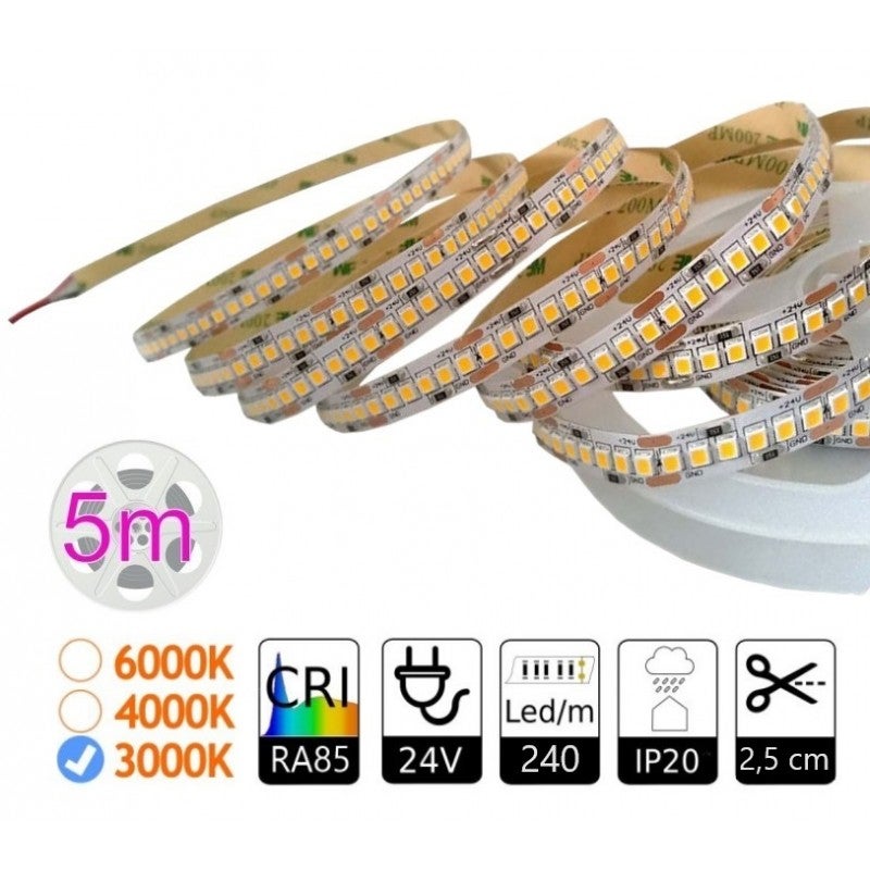 Taśma LED 24V 1200 diod LED, 18W/m SMD2835, ciepłe światło 3000K, 9000 lm, 10mm, IP20, długość 5 metrów