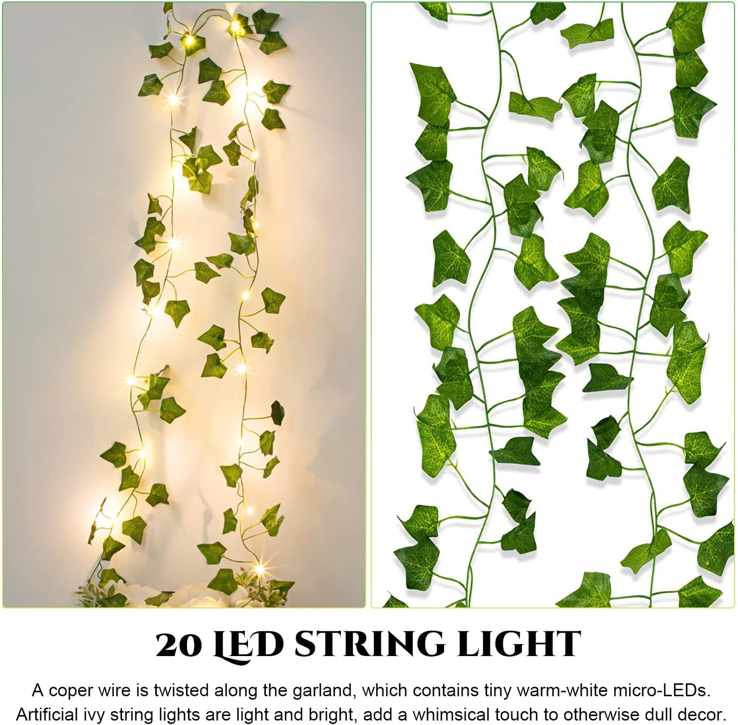 Guirlande lumineuse à feuilles, guirlande lumineuse de lierre de 2 m, vignes de lierre artificielles à feuilles vertes avec 20 lumières LED, décoratio - 4