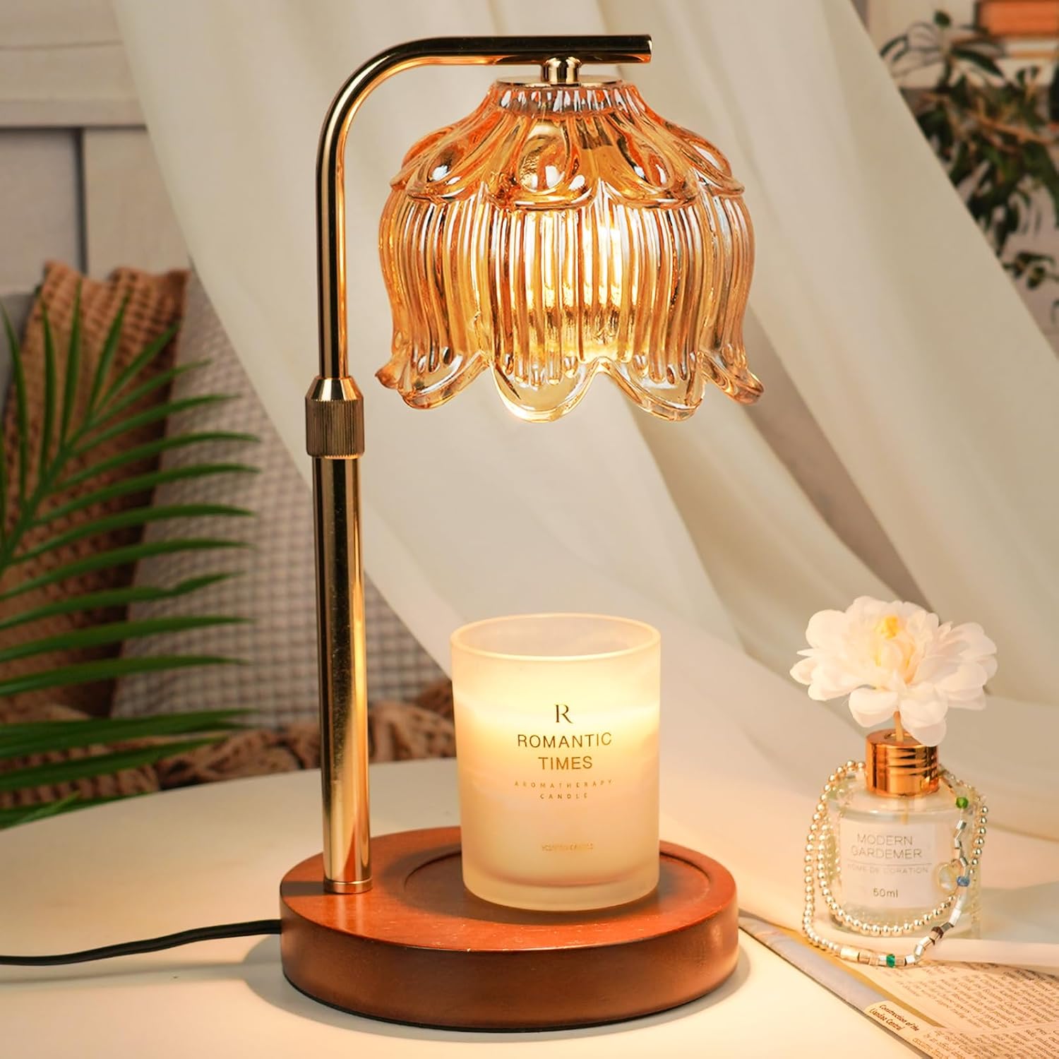 Lampe Chauffe-Bougie WAEUUKKPO Avec Minuterie, Variateur Et Hauteur Réglable – 2 Ampoules Incluses – Idéale Pour Bougies Parfumées En Verre – Style Élégant Doré