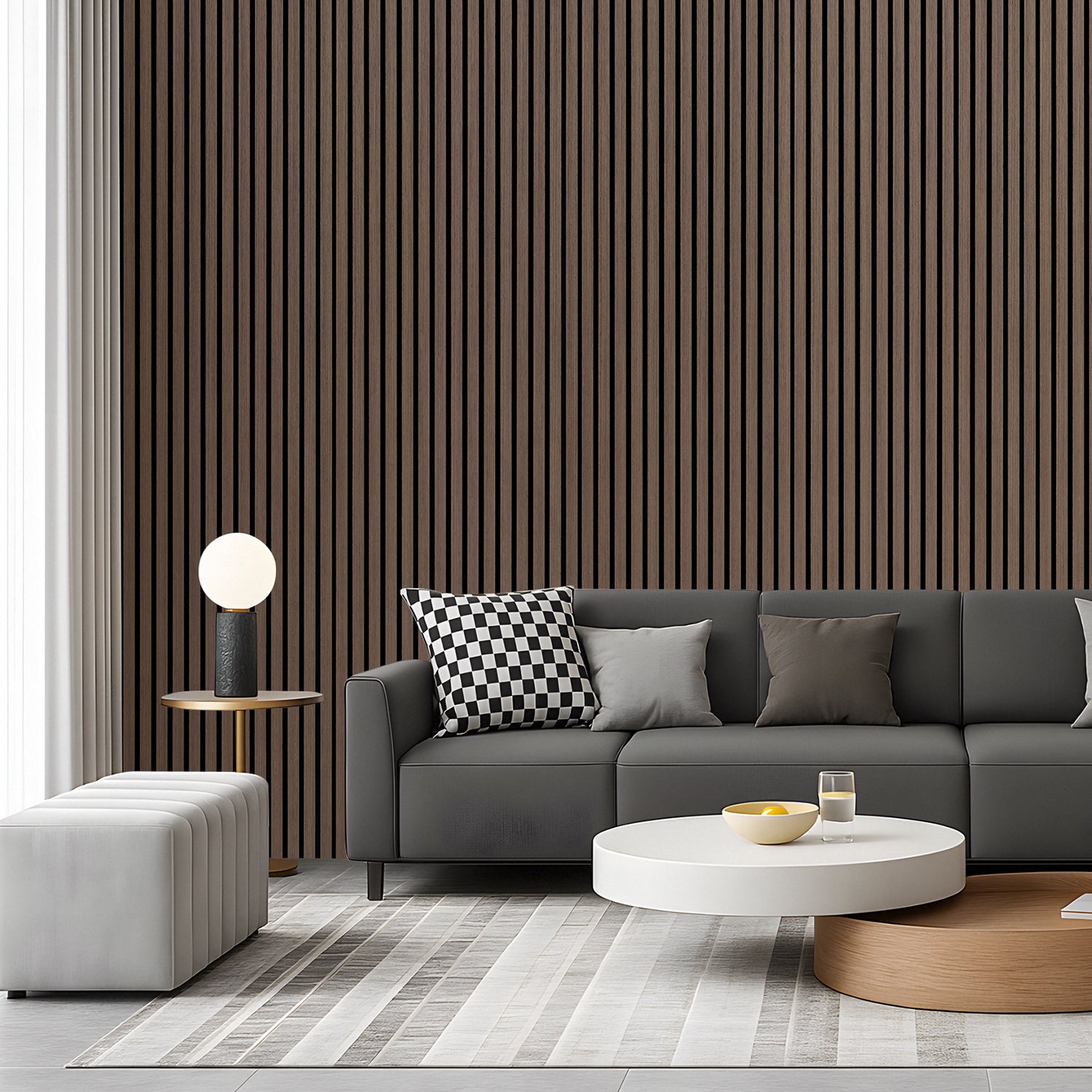 Lote de 1 paneles acústicos autoadhesivos para pared listones MDF madera moderna 120x60x2,1 cm Panel MDF chapado en madera nogal - 7