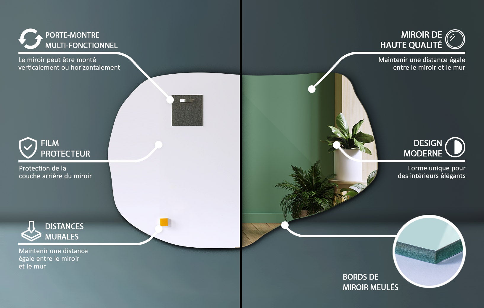 Miroir irrégulier Tulup – Dimension 70 cm x 45,5 cm&nbsp;– Décoration moderne pour l'entrée. Idéal aussi pour une petite salle de bain. - 4