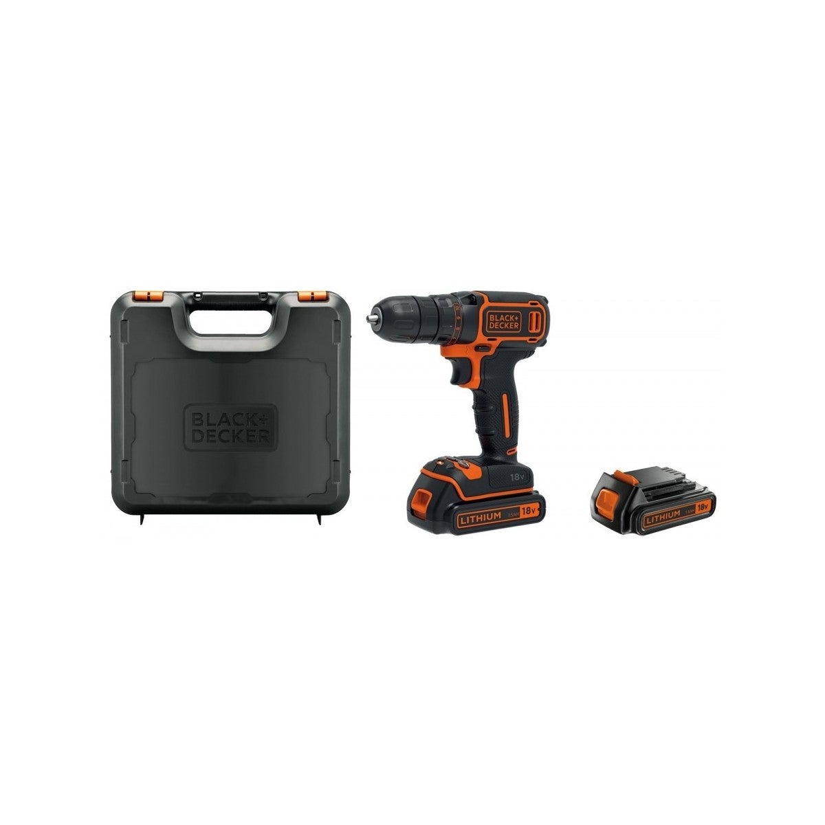 Black and Decker Taladro Atornillador 18V 30Nm, BDCDC18KB-QW, portabrocas 10mm, 0 - 650 rpm. Incluye 2 baterías 1,5Ah de Litio, cargador y maletín