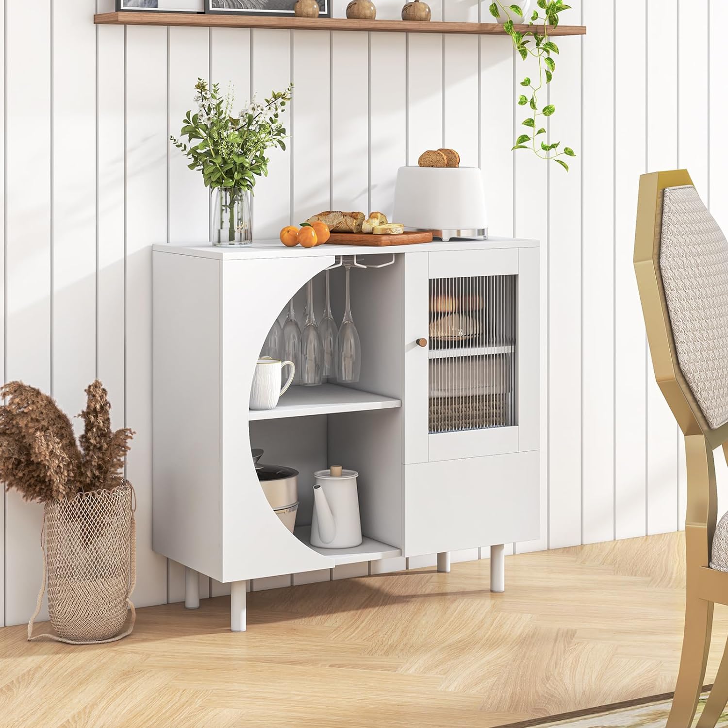 Credenza Da Cucina WOLTU Con Portabottiglie - Bianco, Legno E Metallo, 48x40x108cm - Foto 10