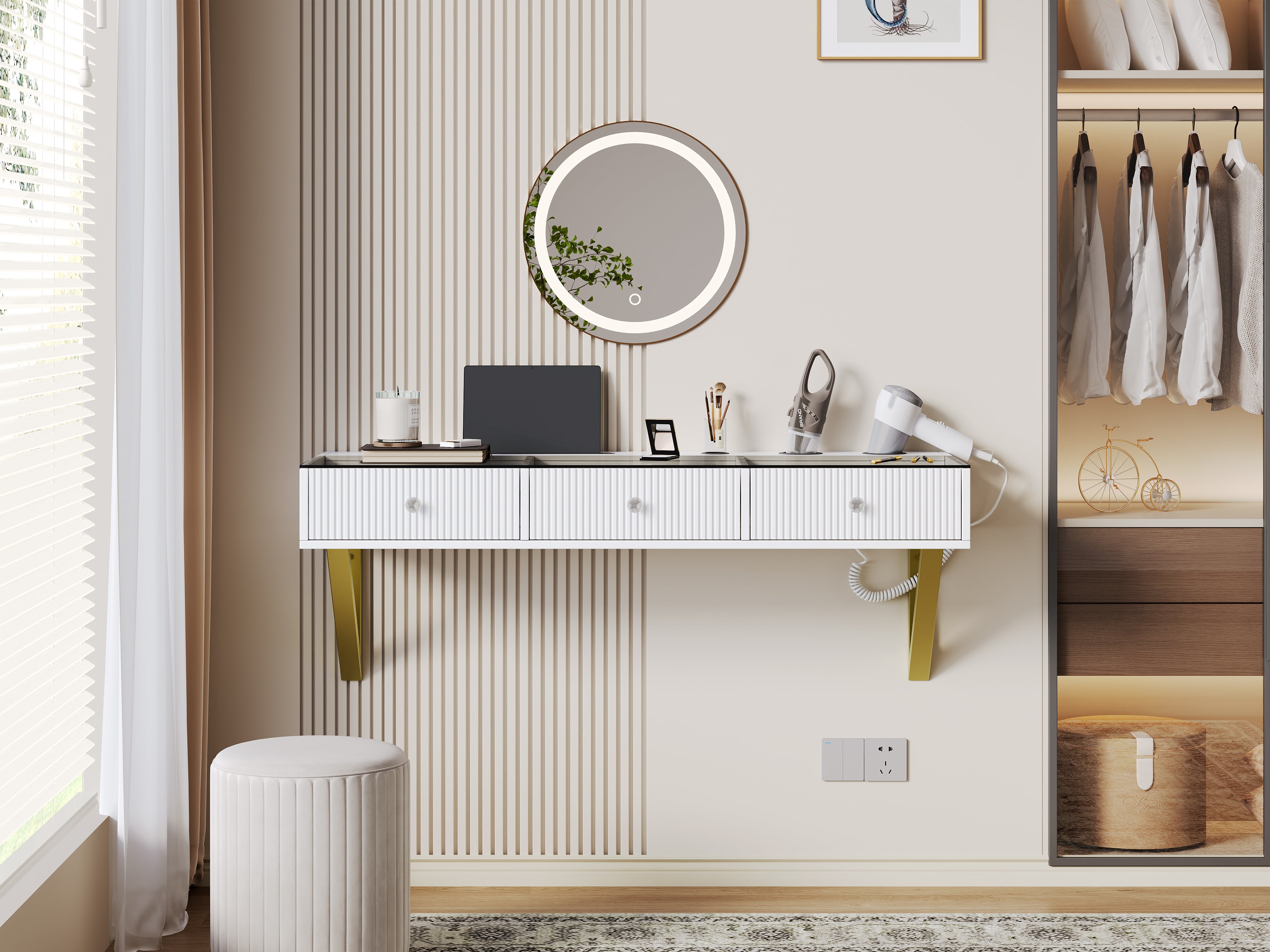 Coiffeuse murale avec 3 tiroirs - MDF + panneau de particules + plateau en verre - 120 x 40 x 45 cm - Blanc (sans tabouret et miroir) - 4